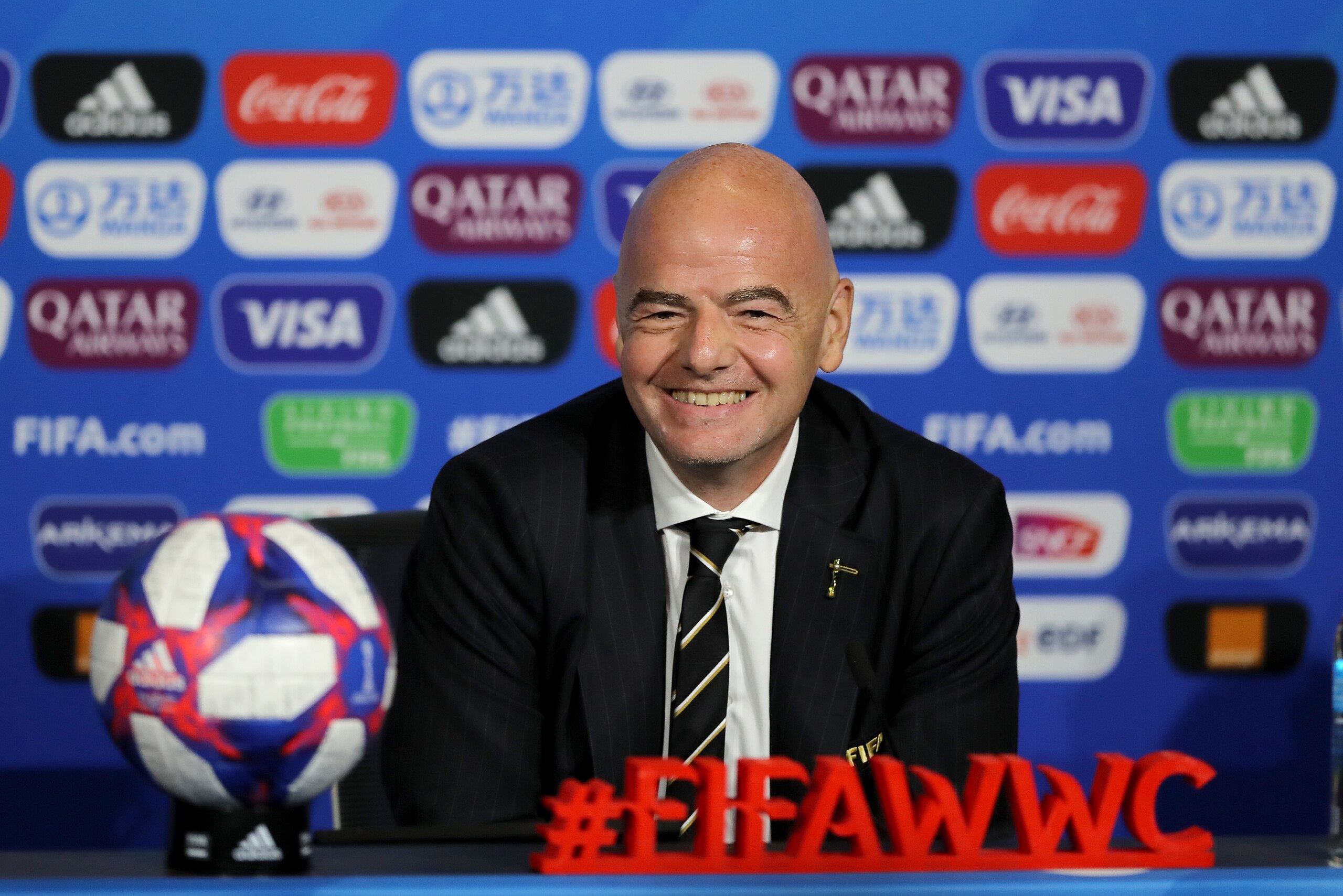 LYON, FRANCE - JULY 05:  FIFA president Gianni Infantino speaks during the FIFA Closing Press Conference at Stade de Lyon on July 05, 2019 in Lyon, France. (Photo by Elsa/Getty Images)