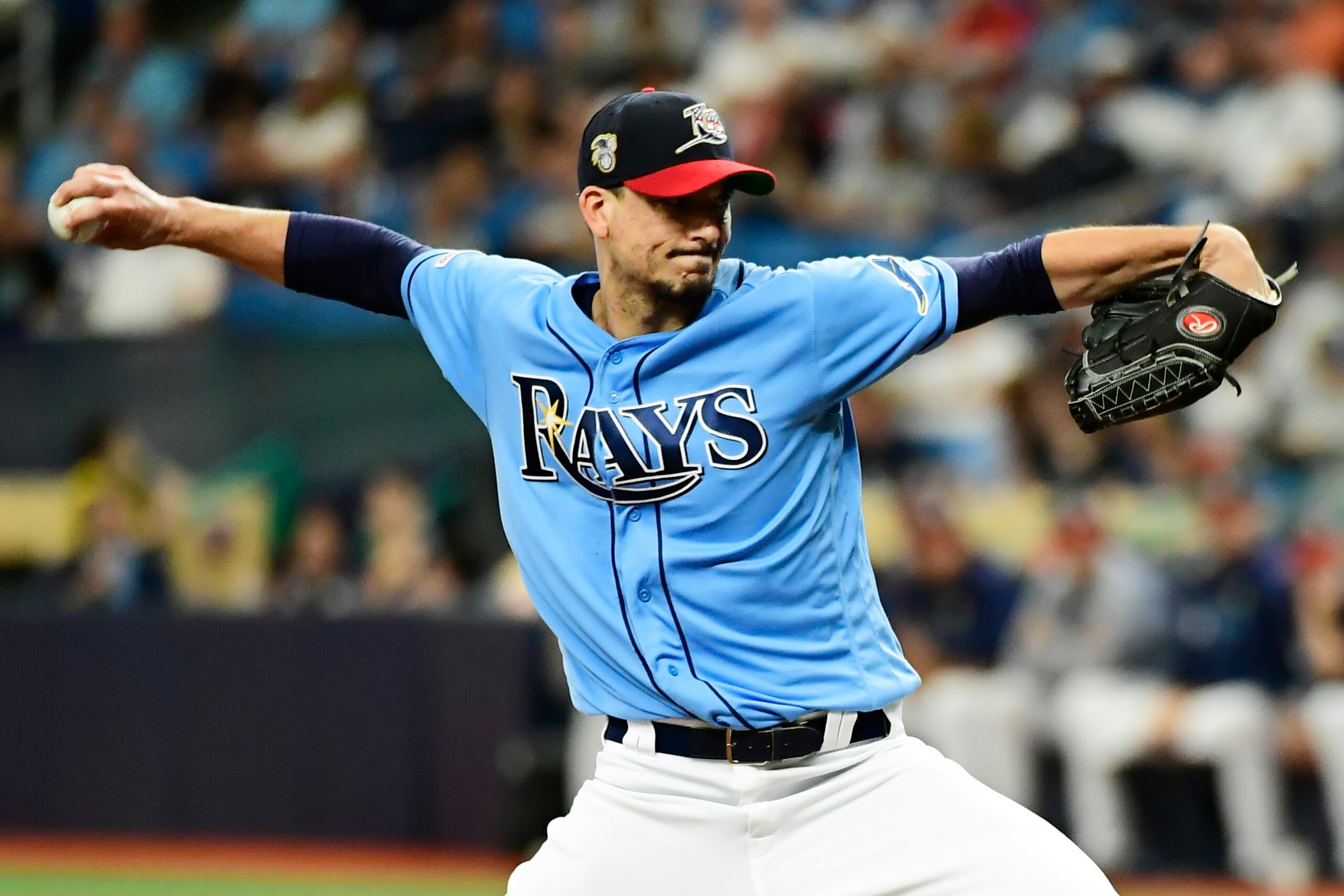 ST. PETERSBURG, FLORIDA - JULY 07:  Charlie Morton #50 of the Tampa Bay Rays delivers a pitch to the New York Yankees during the first inning of a baseball game at Tropicana Field on July 07, 2019 in St. Petersburg, Florida. (Photo by Julio Aguilar/Getty 