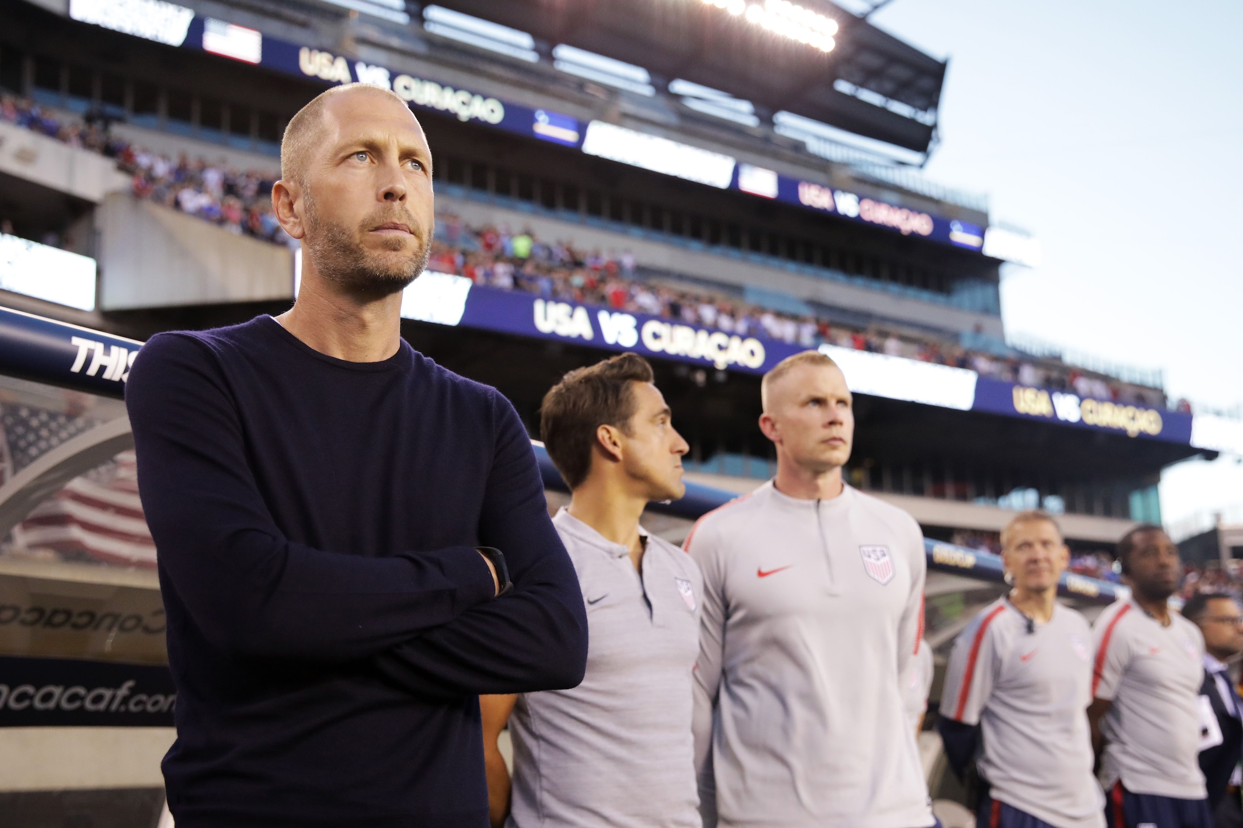 USA's coach Gregg Berhalter stands for the anthems ahead of the CONCACAF Gold Cup quarterfinal football match between USA and Curacao in Philadelphia, Pennsylvania, on June 30, 2019. (Photo by DOMINICK REUTER / AFP)        (Photo credit should read DOMINI