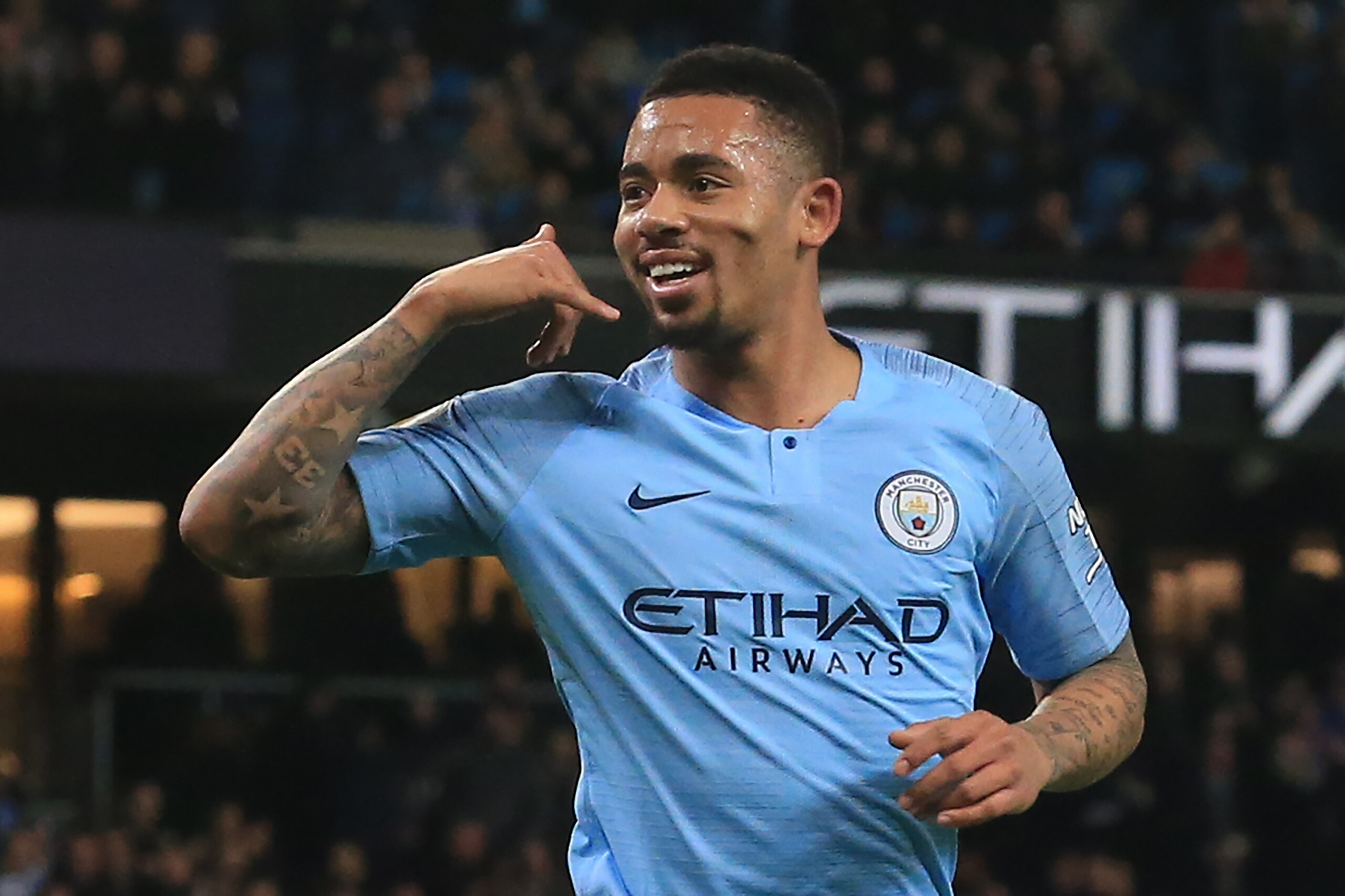 Manchester City's Brazilian striker Gabriel Jesus celebrates after scoring the opening goal of the English Premier League football match between Manchester City and Wolverhampton Wanderers at the Etihad Stadium in Manchester, north west England, on Januar