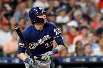 HOUSTON, TX - JUNE 11: Christian Yelich #22 of the Milwaukee Brewers hits a home run in the third inning against the Houston Astros at Minute Maid Park on June 11, 2019 in Houston, Texas. (Photo by Tim Warner/Getty Images)