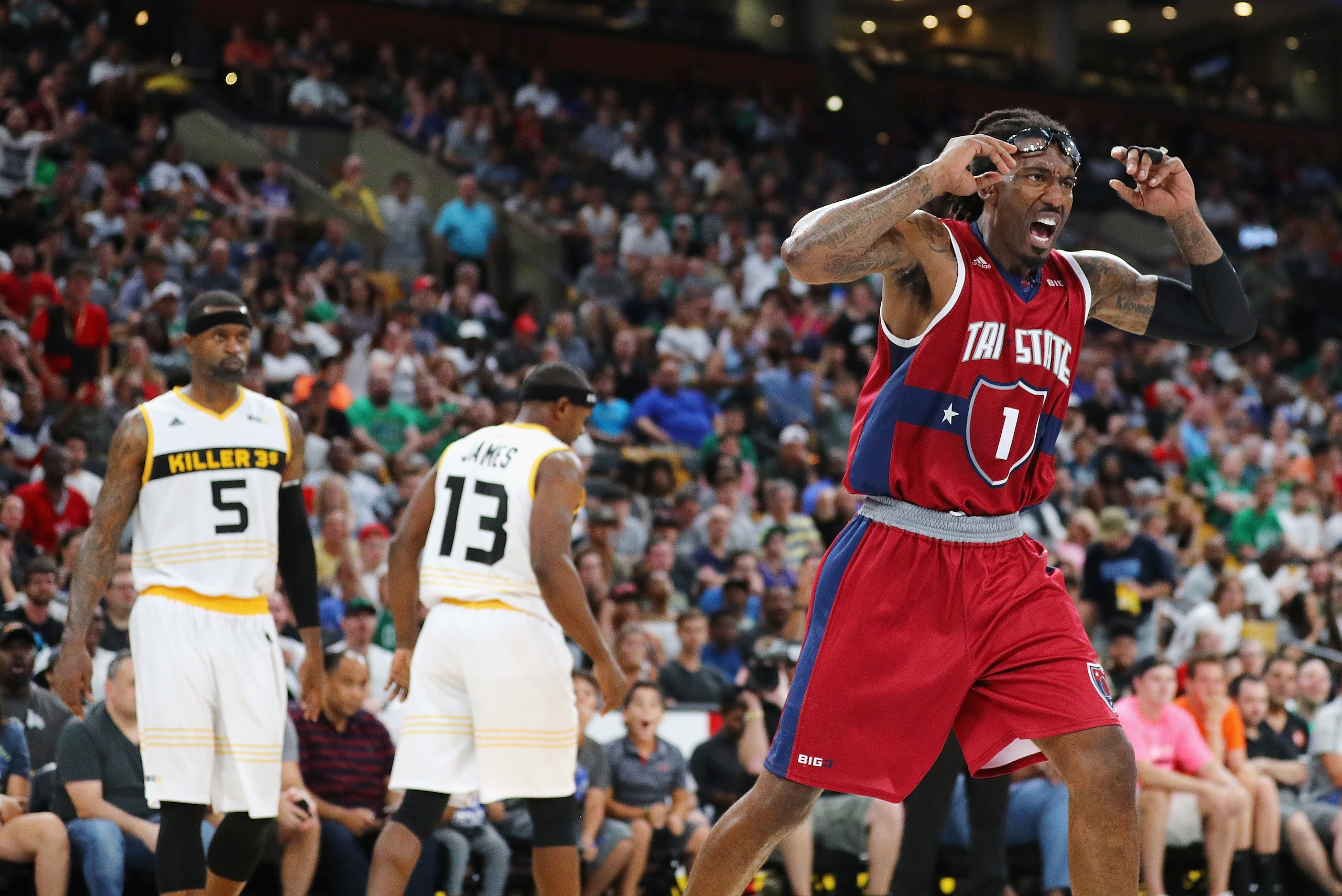 BOSTON, MA - AUGUST 03:  Amar'e Stoudemire #1 of Tri State reacts against Killer 3s during week seven of the BIG3 three on three basketball league at TD Garden on August 3, 2018 in Boston, Massachusetts.  (Photo by Maddie Meyer/BIG3/Getty Images)
