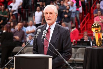 MIAMI, FL - MARCH 26: Pat Riley, President of the Miami Heat, addresses the crowd during the jersey retirement ceremony for Chris Bosh at halftime of the game against the Orlando Magic on March 26, 2019 at American Airlines Arena in Miami, Florida. NOTE T
