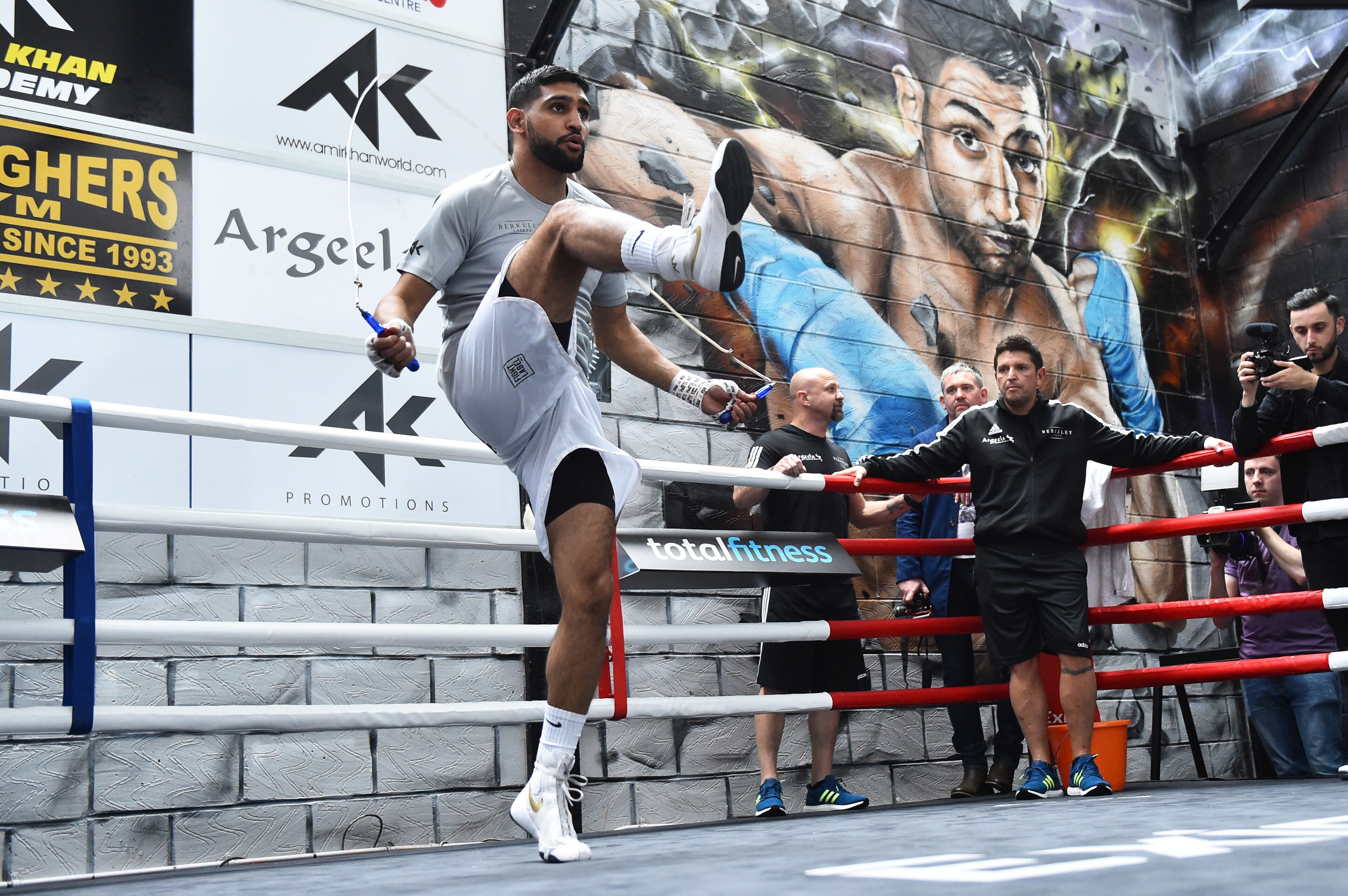 BOLTON, ENGLAND - JUNE 19:  Amir Khan take part during a training session at Amir Khan Academy on June 19, 2019 in Bolton, England. (Photo by Nathan Stirk/Getty Images)