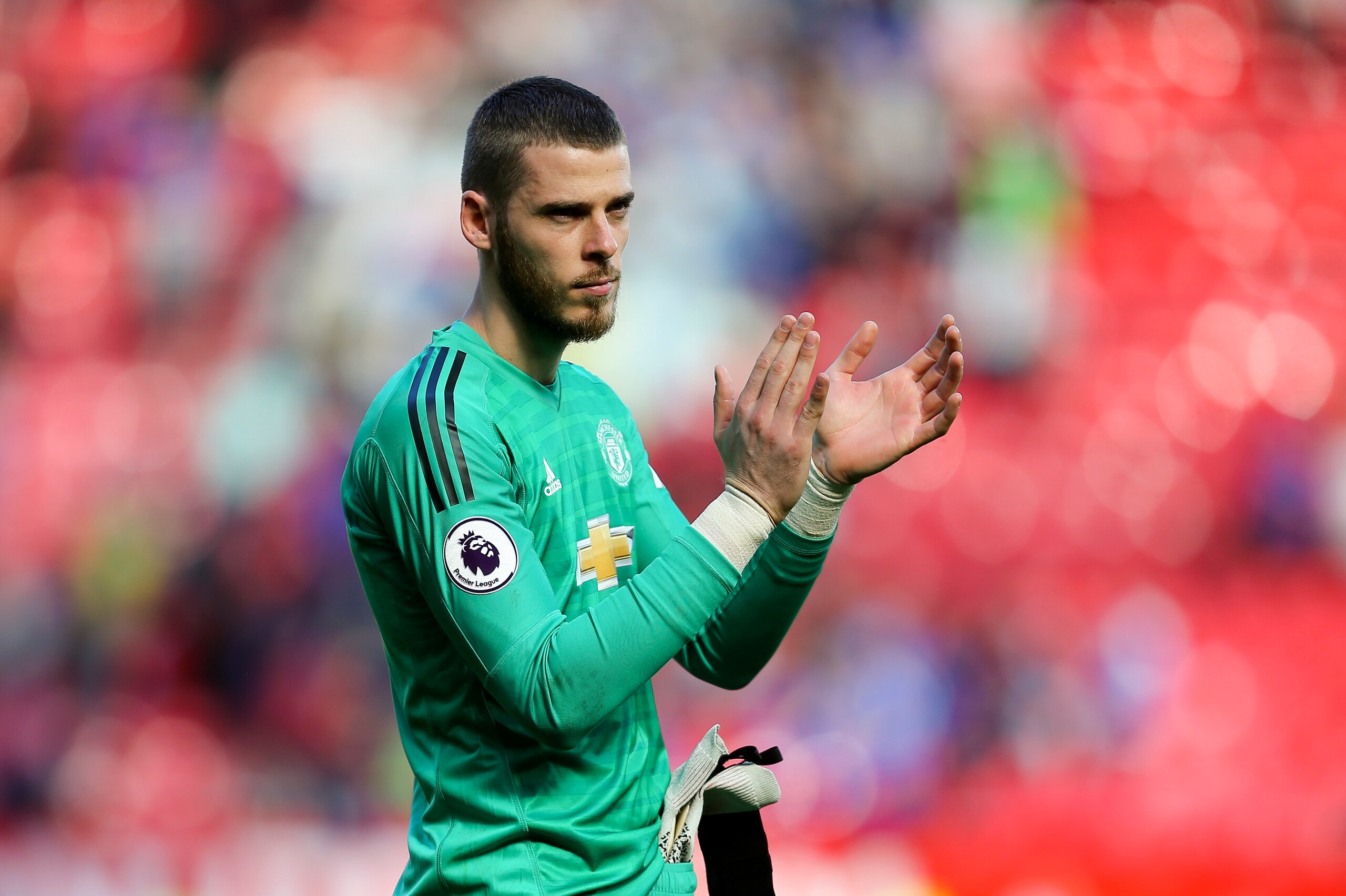 MANCHESTER, ENGLAND - MAY 12: David de Gea of Manchester United waves to the supporters after the Premier League match between Manchester United and Cardiff City at Old Trafford on May 12, 2019 in Manchester, United Kingdom. (Photo by James Baylis - AMA/G