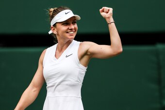 LONDON, ENGLAND - JULY 11: Simona Halep of Romania celebrates the victory in her Ladies' Singles semi-final match against Elina Svitolina of Ukraine during Day Ten of The Championships - Wimbledon 2019 at All England Lawn Tennis and Croquet Club on July 1