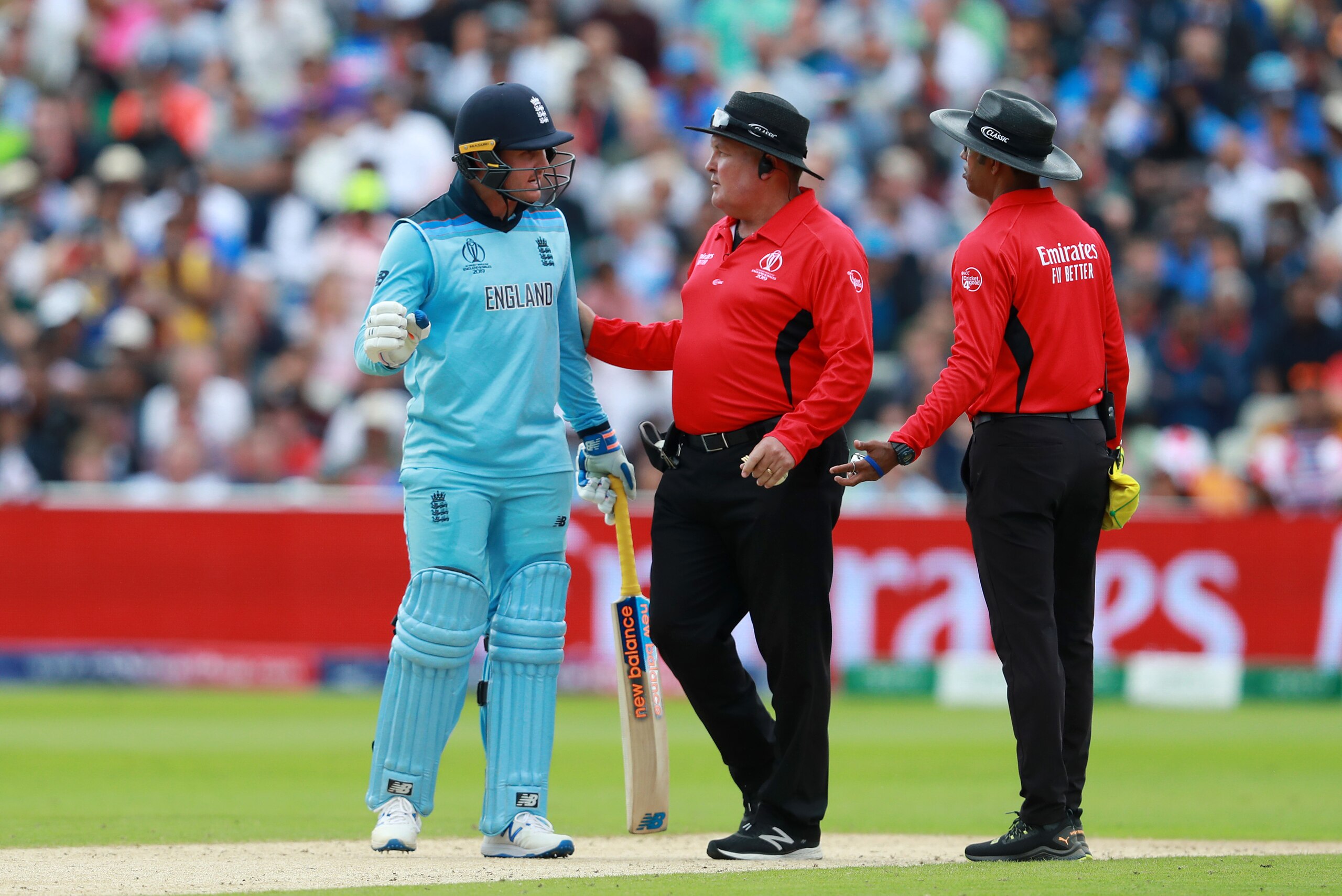 BIRMINGHAM, ENGLAND - JULY 11:  Jason Roy of England reacts after being given out caught behind despite not connecting with the ball, as Umpires, Marais Erasmus and Kumar Dharmasena usher him from the field during the Semi-Final match of the ICC Cricket W