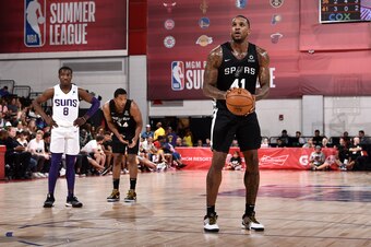 LAS VEGAS, NV - JULY 10:  Thomas Robinson #41 of San Antonio Spurs  shoots a free-throw against the Phoenix Suns on July 10, 2019 at the Cox Pavilion in Las Vegas, Nevada. NOTE TO USER: User expressly acknowledges and agrees that, by downloading and/or us