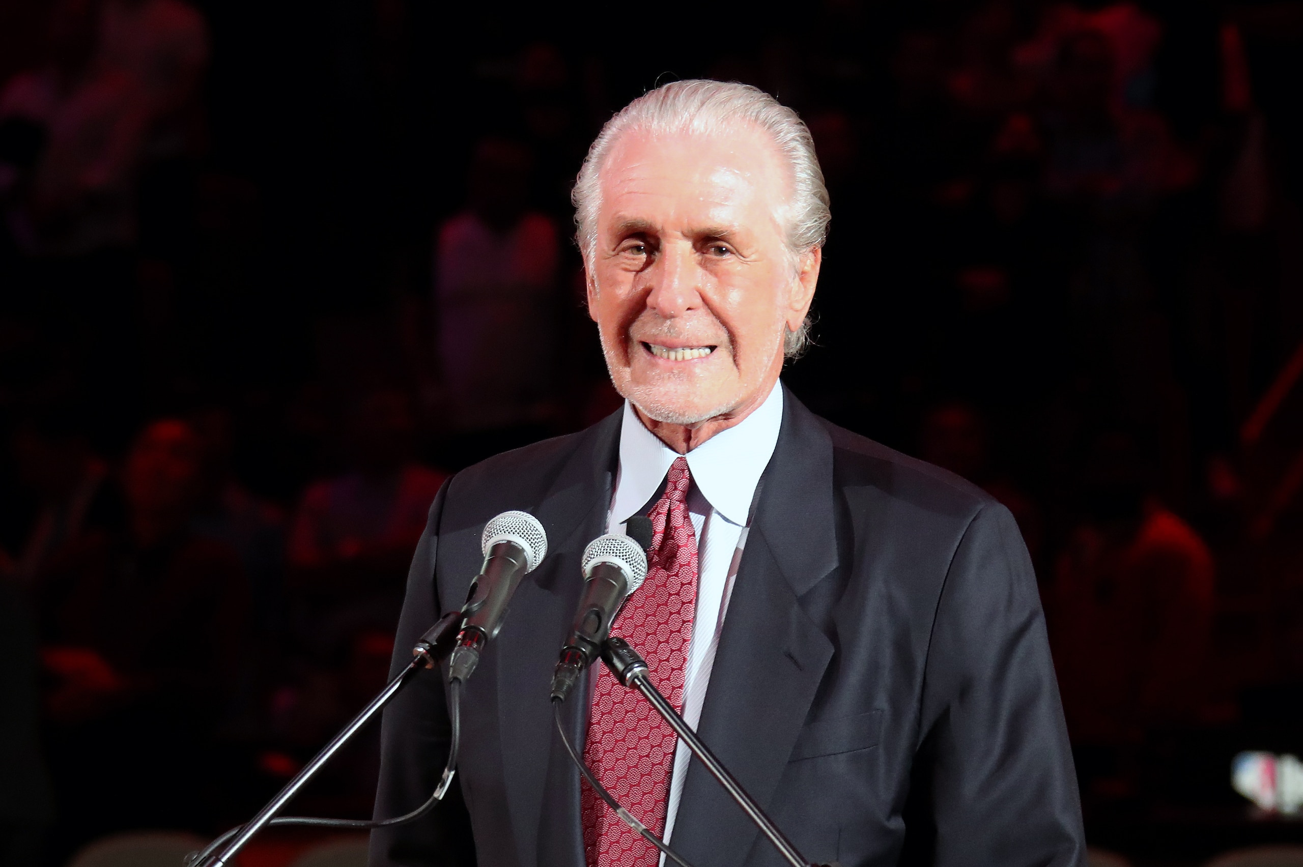 MIAMI, FL - MARCH 26: Pat Riley, President of the Miami Heat, addresses the crowd during the jersey retirement ceremony for Chris Bosh at halftime of the game against the Orlando Magic on March 26, 2019 at American Airlines Arena in Miami, Florida. NOTE T