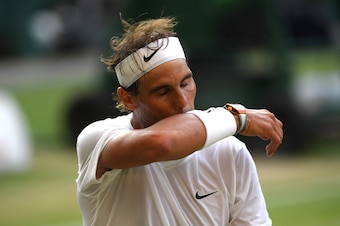 LONDON, ENGLAND - JULY 12: Rafael Nadal of Spain reacts in his Men's Singles semi-final match against Roger Federer of Switzerland during Day eleven of The Championships - Wimbledon 2019 at All England Lawn Tennis and Croquet Club on July 12, 2019 in Lond