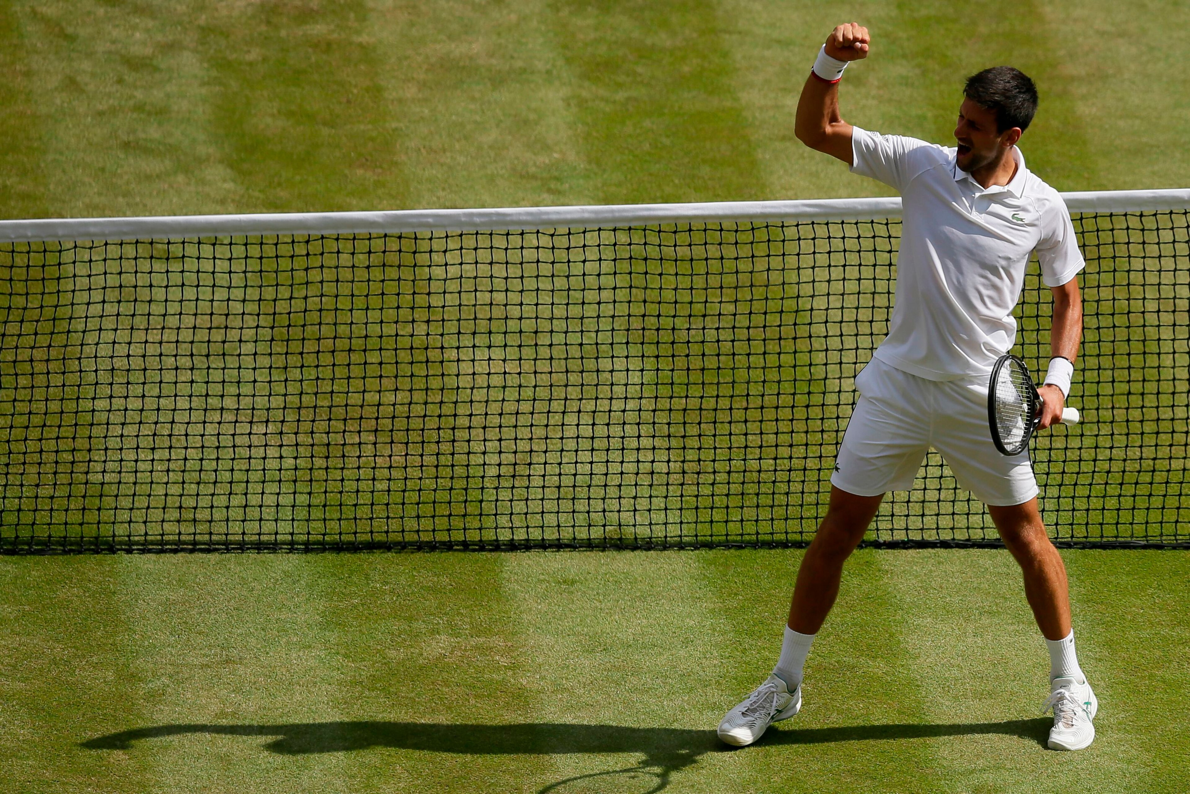 Serbia's Novak Djokovic celebrates beating Spain's Roberto Bautista Agut during their men's singles semi-final match on day 11 of the 2019 Wimbledon Championships at The All England Lawn Tennis Club in Wimbledon, southwest London, on July 12, 2019. (Photo