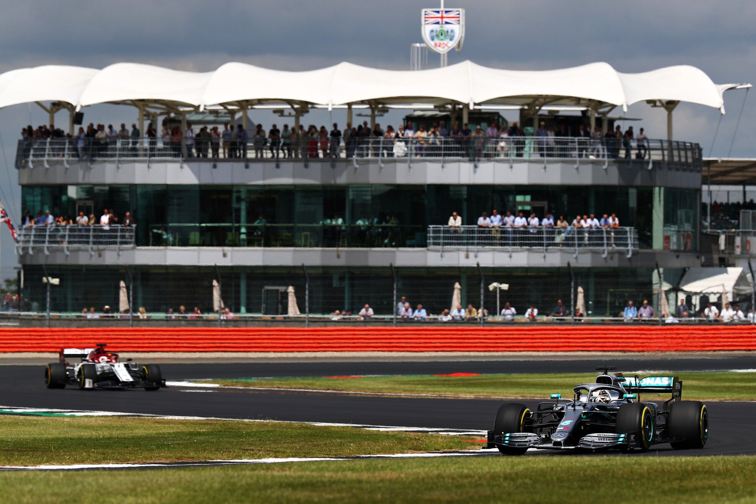 NORTHAMPTON, ENGLAND - JULY 12: Lewis Hamilton of Great Britain driving the (44) Mercedes AMG Petronas F1 Team Mercedes W10 on track during practice for the F1 Grand Prix of Great Britain at Silverstone on July 12, 2019 in Northampton, England. (Photo by 