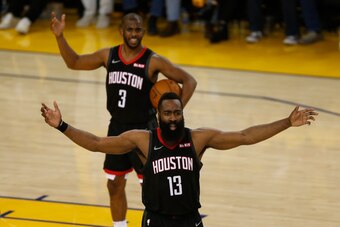 OAKLAND, CALIFORNIA - MAY 08: James Harden #13 and Chris Paul #3 of the Houston Rockets react to a call by the referee during Game Five of the Western Conference Semifinals of the 2019 NBA Playoffs against the Golden State Warriors at ORACLE Arena on May 
