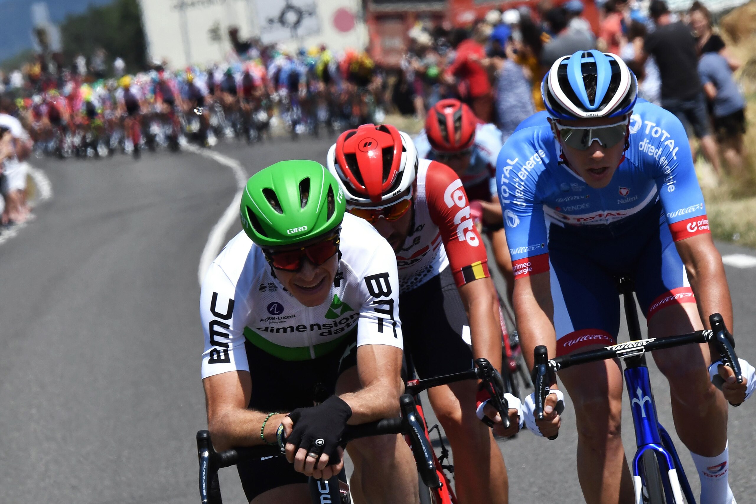 (FromL) US Benjamin King, Belgium's Thomas De Gendt and Netherlands' Niki Terpstra lead the race during the eighth stage of the 106th edition of the Tour de France cycling race between Macon and Saint-Etienne, on July 13, 2019. (Photo by JEFF PACHOUD / AF (FromL) US Benjamin King, Belgium's Thomas De Gendt and Netherlands' Niki Terpstra lead the race during the eighth stage of the 106th edition of the Tour de France cycling race between Macon and Saint-Etienne, on July 13, 2019. (Photo by JEFF PACHOUD / AF