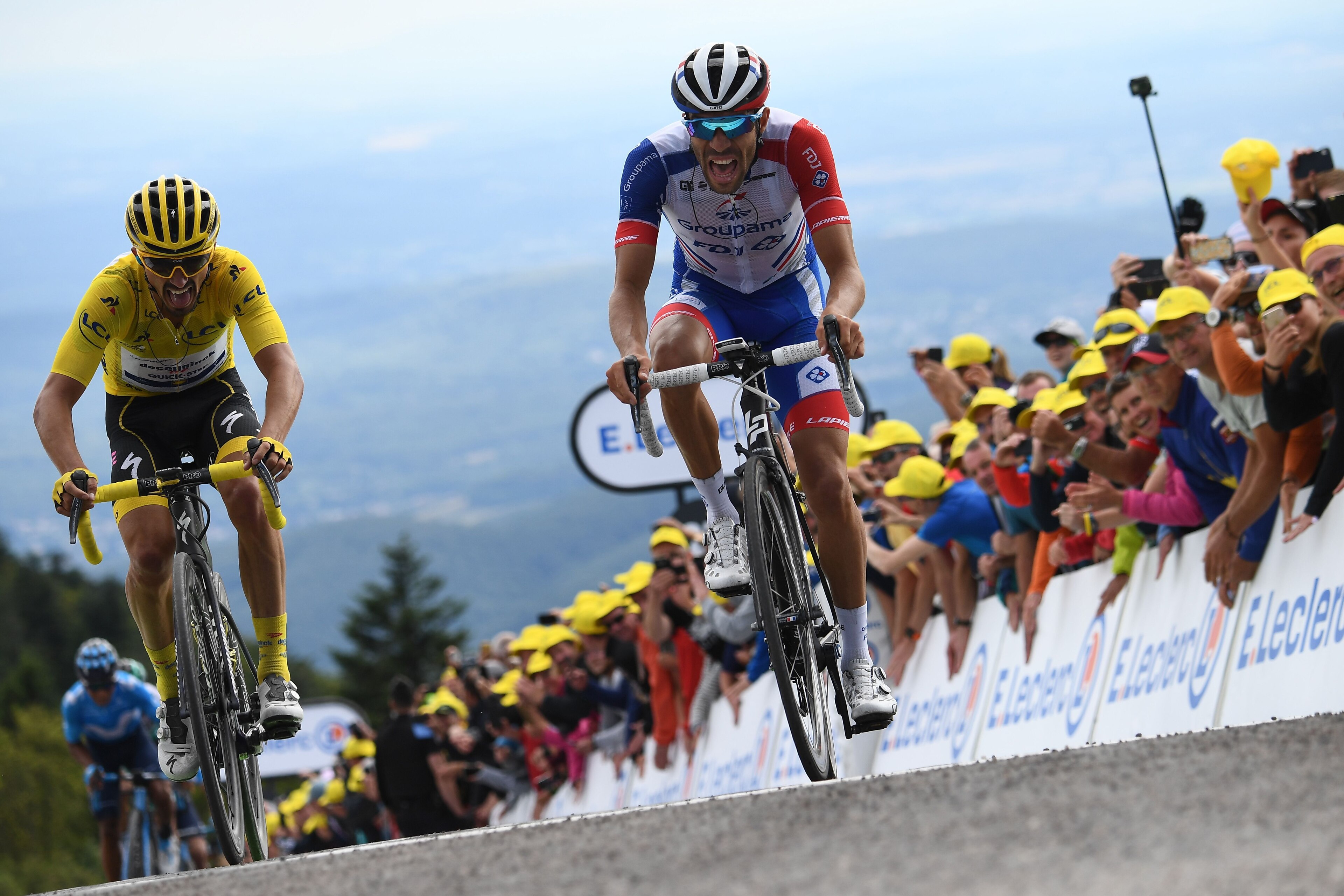 France's Julian Alaphilippe (L), wearing the overall leader's yellow jersey and France's Thibaut Pinot ride in the last kilometres of the sixth stage of the 106th edition of the Tour de France cycling race between Mulhouse and La Planche des Belles Filles France's Julian Alaphilippe (L), wearing the overall leader's yellow jersey and France's Thibaut Pinot ride in the last kilometres of the sixth stage of the 106th edition of the Tour de France cycling race between Mulhouse and La Planche des Belles Filles