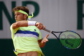 PARIS, FRANCE - JUNE 04:  Simon Carr of Ireland in action during the boys singles first round match against Vasil Kirkov of The United States on day eight of the 2017 French Open at Roland Garros on June 4, 2017 in Paris, France.  (Photo by Adam Pretty/Ge