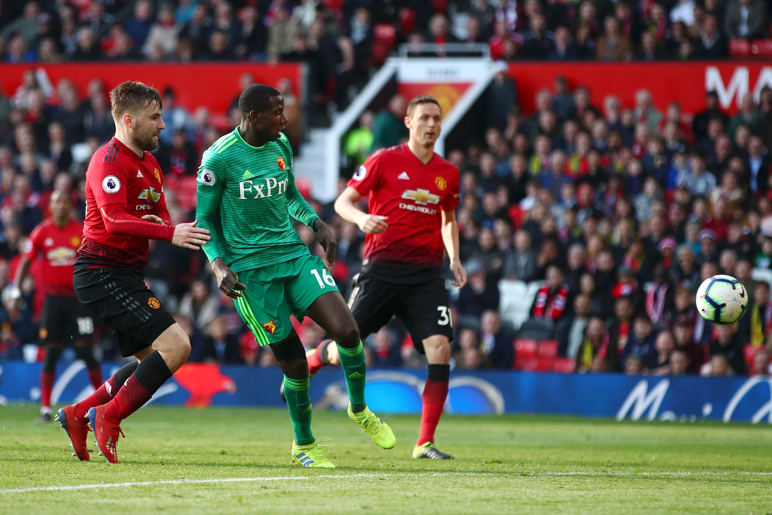 MANCHESTER, ENGLAND - MARCH 30:  Abdoulaye Doucoure of Watford scores his team's first goal during the Premier League match between Manchester United and Watford FC at Old Trafford on March 30, 2019 in Manchester, United Kingdom. (Photo by Clive Brunskill