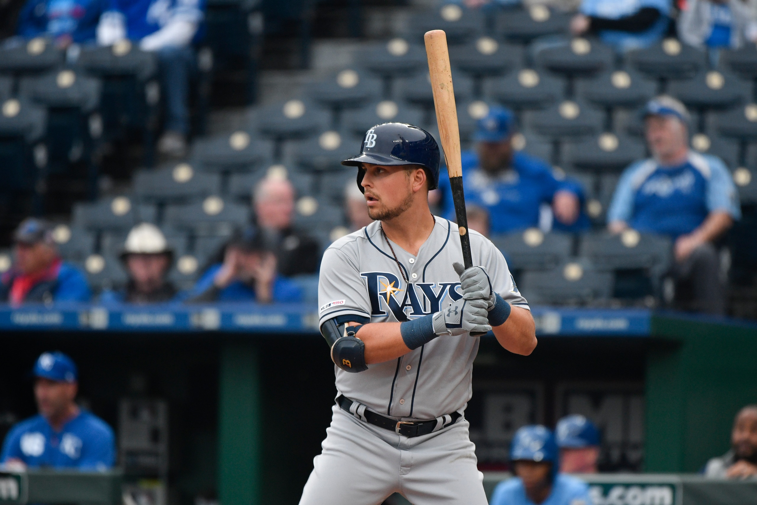 KANSAS CITY, MO - MAY 01: Nate Lowe #35 of the Tampa Bay Rays bats against the Kansas City Royals at Kauffman Stadium on May 1, 2019 in Kansas City, Missouri. (Photo by Ed Zurga/Getty Images)