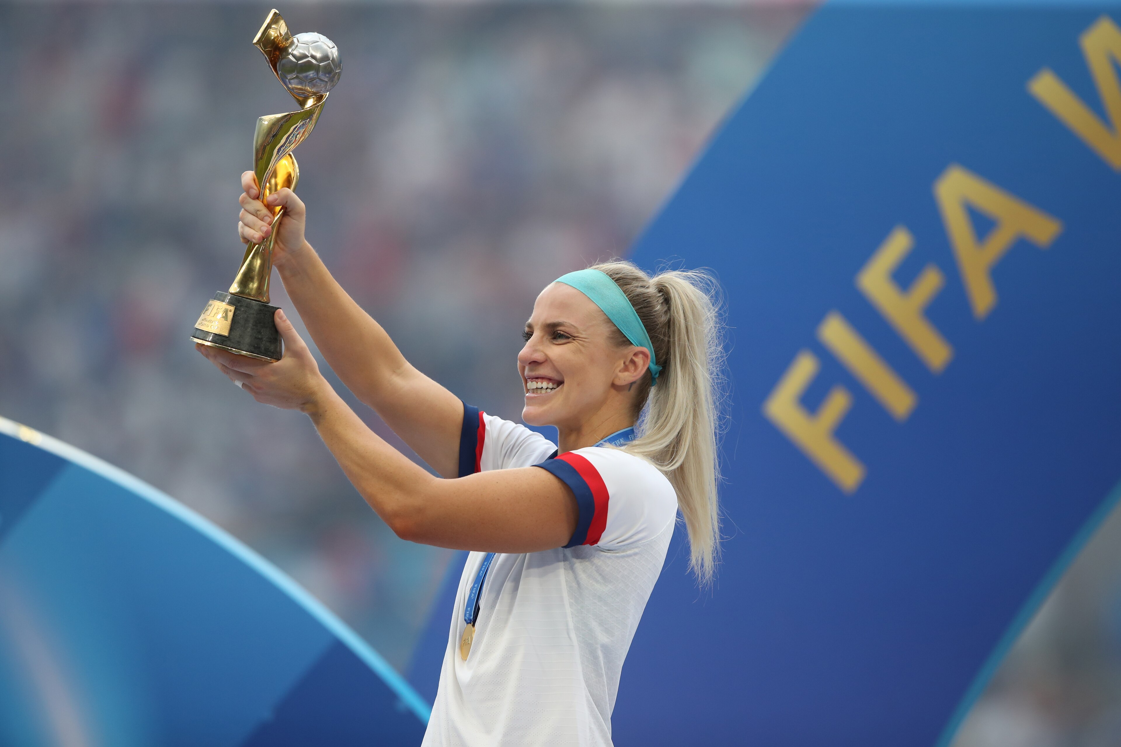 LYON, FRANCE - JULY 07: Julie Ertz of the USA celebrates with the trophy during the 2019 FIFA Women's World Cup France Final match between The United States of America and The Netherlands at Stade de Lyon on July 7, 2019 in Lyon, France. (Photo by Marc At
