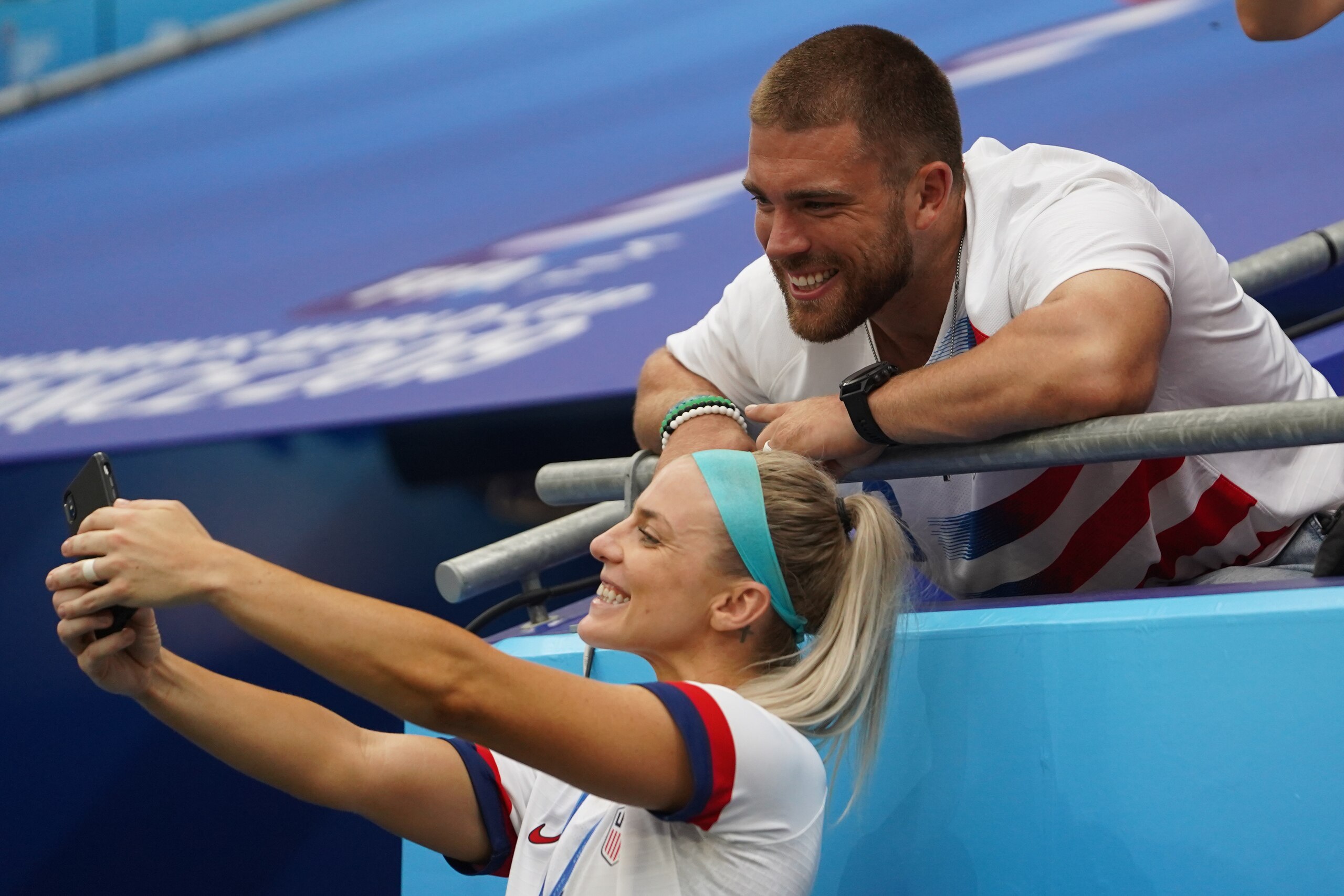 LYON, FRANCE - JULY 07: Julie Ertz of the USA taking a selfie with her husband Zach Ertz during the 2019 FIFA Women's World Cup France Final match between The United States of America and The Netherlands at Stade de Lyon on July 7, 2019 in Lyon, France. (