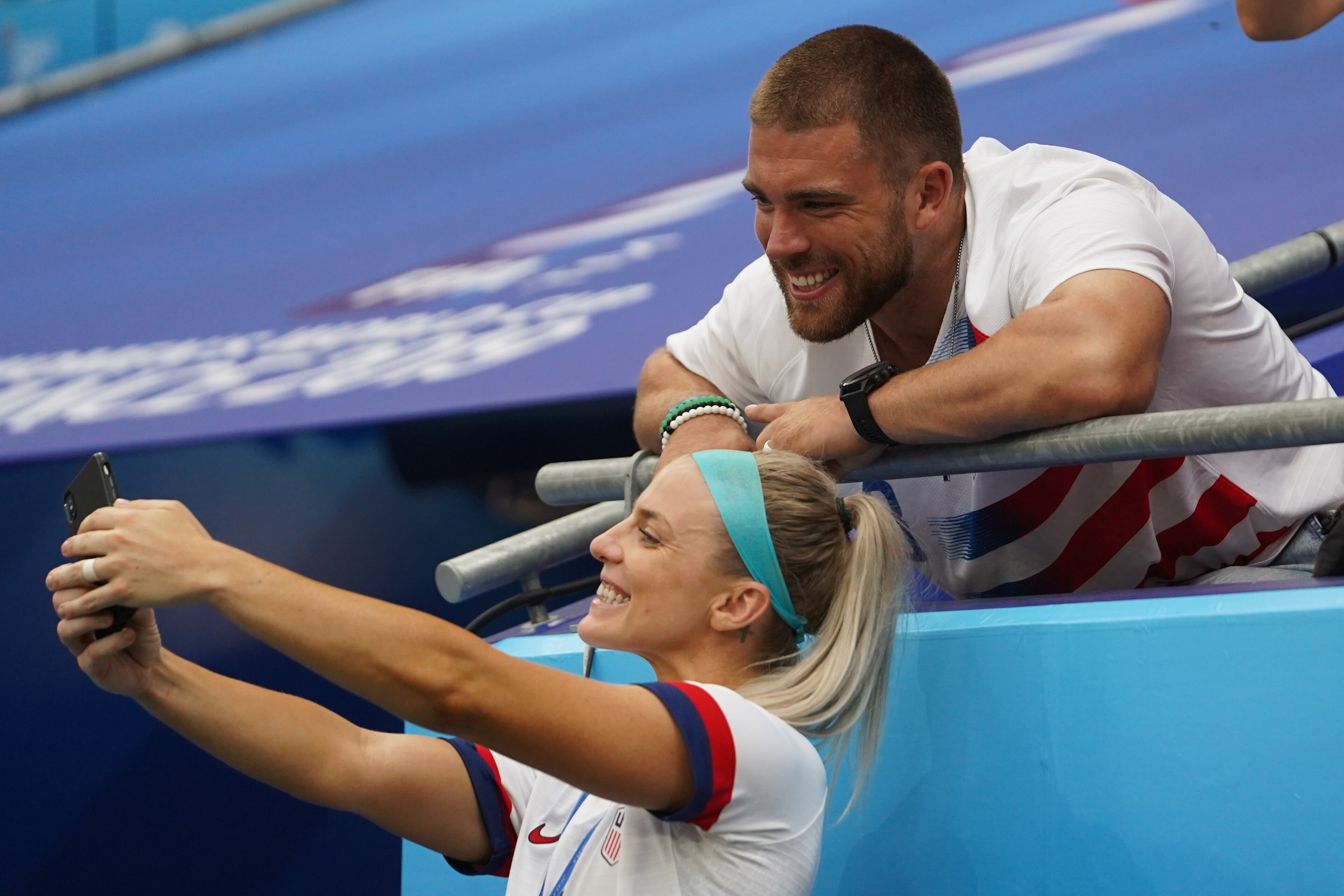 LYON, FRANCE - JULY 07: Julie Ertz of the USA taking a selfie with her husband Zach Ertz during the 2019 FIFA Women's World Cup France Final match between The United States of America and The Netherlands at Stade de Lyon on July 7, 2019 in Lyon, France. (