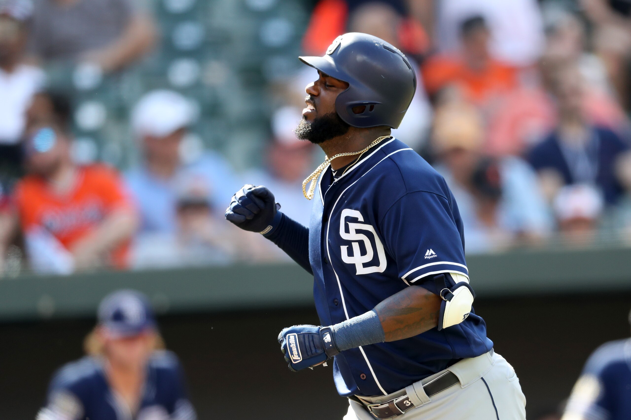 BALTIMORE, MARYLAND - JUNE 26: Franmil Reyes #32 of the San Diego Padres celebrates after hitting a two RBI home run Baltimore Orioles in the fifth inning at Oriole Park at Camden Yards on June 26, 2019 in Baltimore, Maryland. (Photo by Rob Carr/Getty Ima