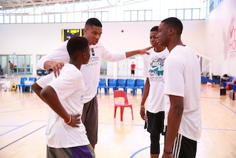 JOHANNESBURG, SA - JULY 28: Giannis, Kostas, Thanasis and Alex Antetokounmpo goes through some drill during a workout prior to the Basketball Without Boarders program on July 28, 2015 at the American International School of Johannesburg in Johannesburg, S
