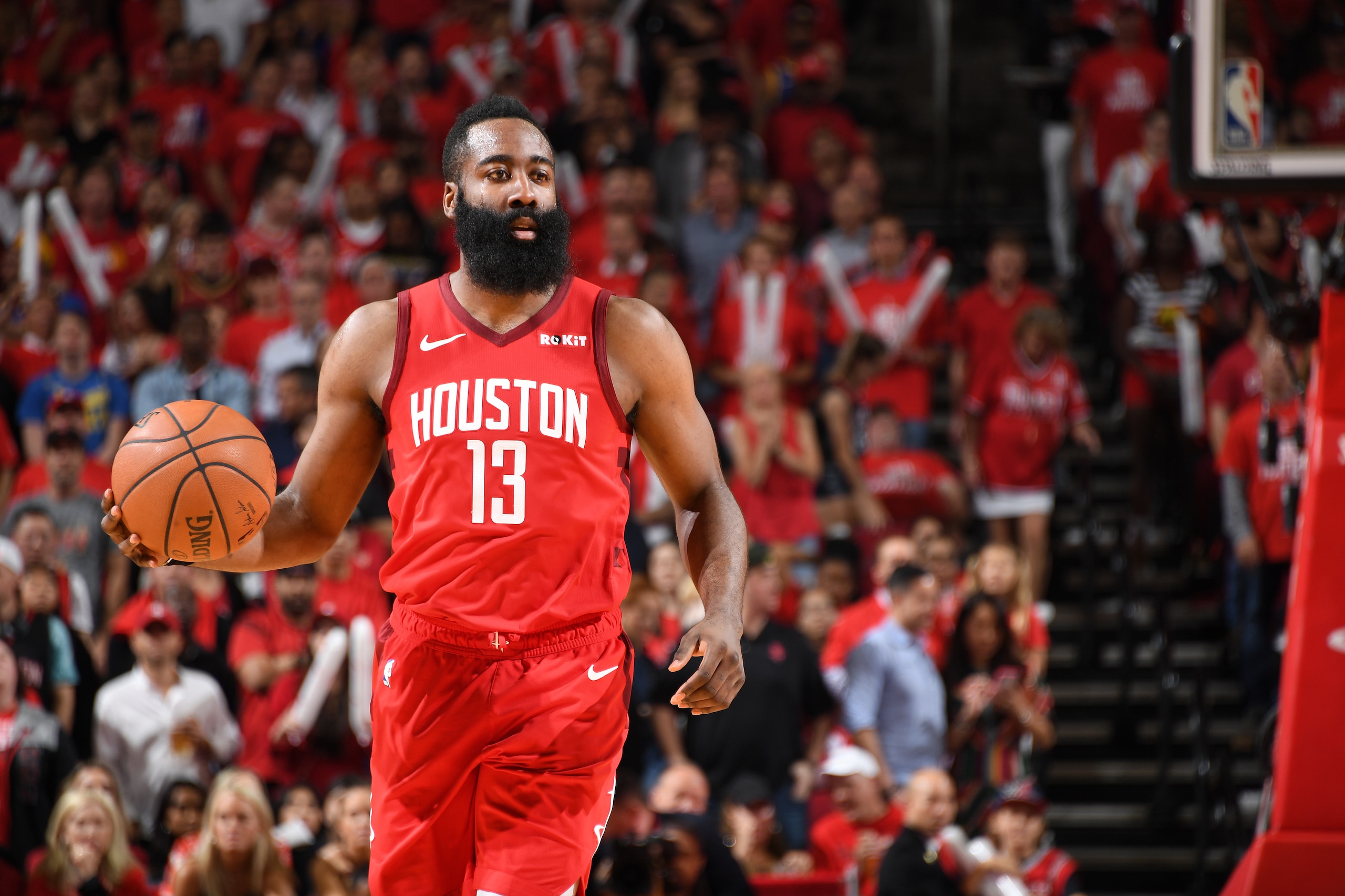 HOUSTON, TX - MAY 10: James Harden #13 of the Houston Rockets handles the ball against the Golden State Warriors during Game Six of the Western Conference Semifinals of the 2019 NBA Playoffs on May 10, 2019 at the Toyota Center in Houston, Texas. NOTE TO 