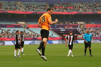 NANJING, CHINA - JULY 17:  Diogo Jota of Wolverhampton Wanderers celebrates after scoring a goal to make it 0-1 during the Premier League Asia Trophy 2019 fixture between Newcastle United and Wolverhampton Wanderers at Nanjing Olympic Sports Centre on Jul