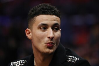 LOS ANGELES, CALIFORNIA - APRIL 05: Kyle Kuzma #0 of the Los Angeles Lakers reacts from the bench during the first half of the game against the Los Angeles Clippers at Staples Center on April 05, 2019 in Los Angeles, California. NOTE TO USER: User express