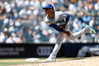NEW YORK, NEW YORK - JULY 14:   (NEW YORK DAILIES OUT)   Marcus Stroman #6 of the Toronto Blue Jays in action against the New York Yankees at Yankee Stadium on July 14, 2019 in New York City. The Yankees defeated the Blue Jays 4-2.
 (Photo by Jim McIsaac/