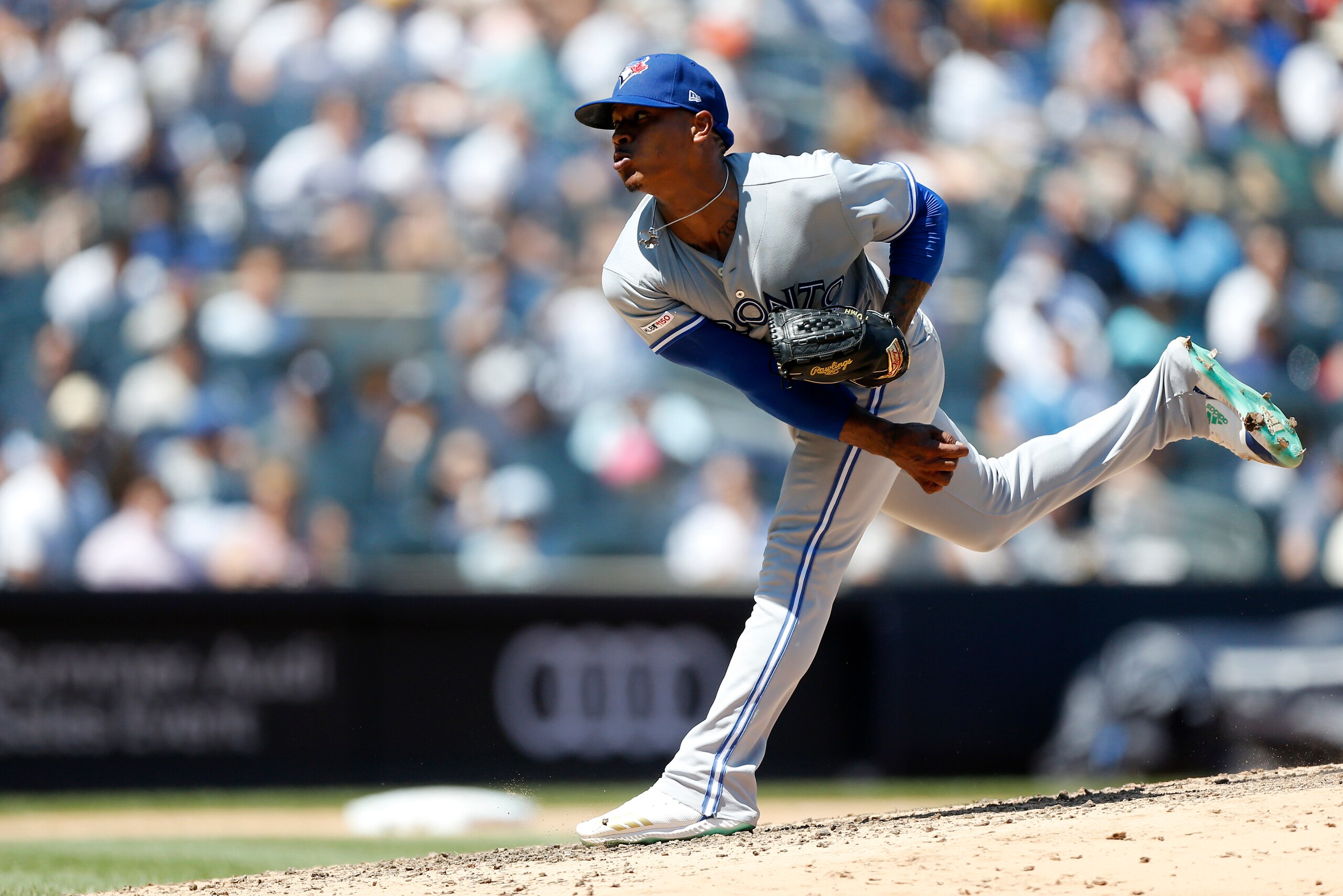 NEW YORK, NEW YORK - JULY 14:   (NEW YORK DAILIES OUT)   Marcus Stroman #6 of the Toronto Blue Jays in action against the New York Yankees at Yankee Stadium on July 14, 2019 in New York City. The Yankees defeated the Blue Jays 4-2.
 (Photo by Jim McIsaac/
