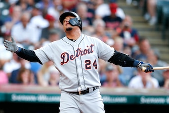 CLEVELAND, OH - JULY 18: Miguel Cabrera #24 of the Detroit Tigers reacts after striking out against Trevor Bauer #47 of the Cleveland Indians during the third inning at Progressive Field on July 18, 2019 in Cleveland, Ohio. (Photo by Ron Schwane/Getty Ima