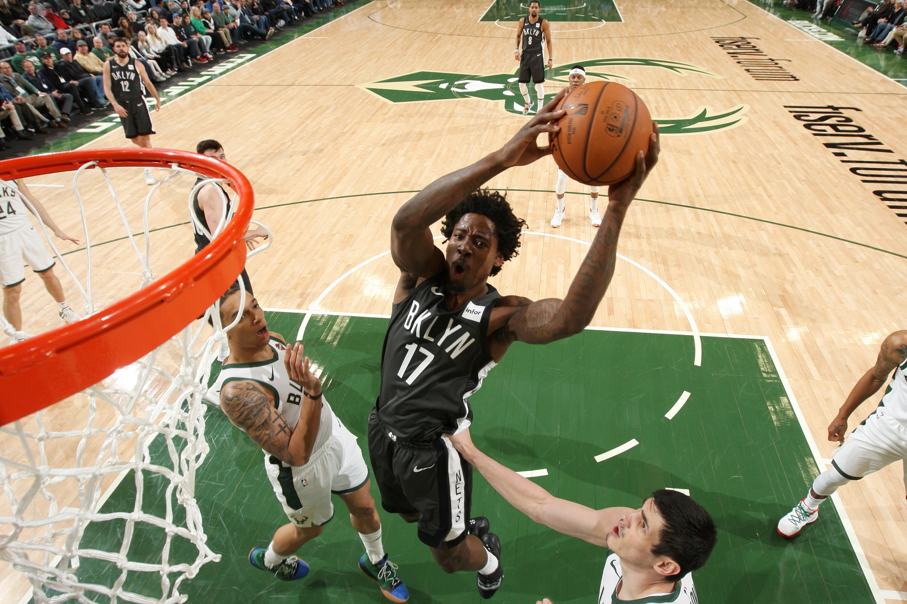 MILWAUKEE, WI - APRIL 6: Ed Davis #17 of the Brooklyn Nets goes to the basket against the Milwaukee Bucks  on April 6, 2019 at the Fiserv Forum Center in Milwaukee, Wisconsin. NOTE TO USER: User expressly acknowledges and agrees that, by downloading and o