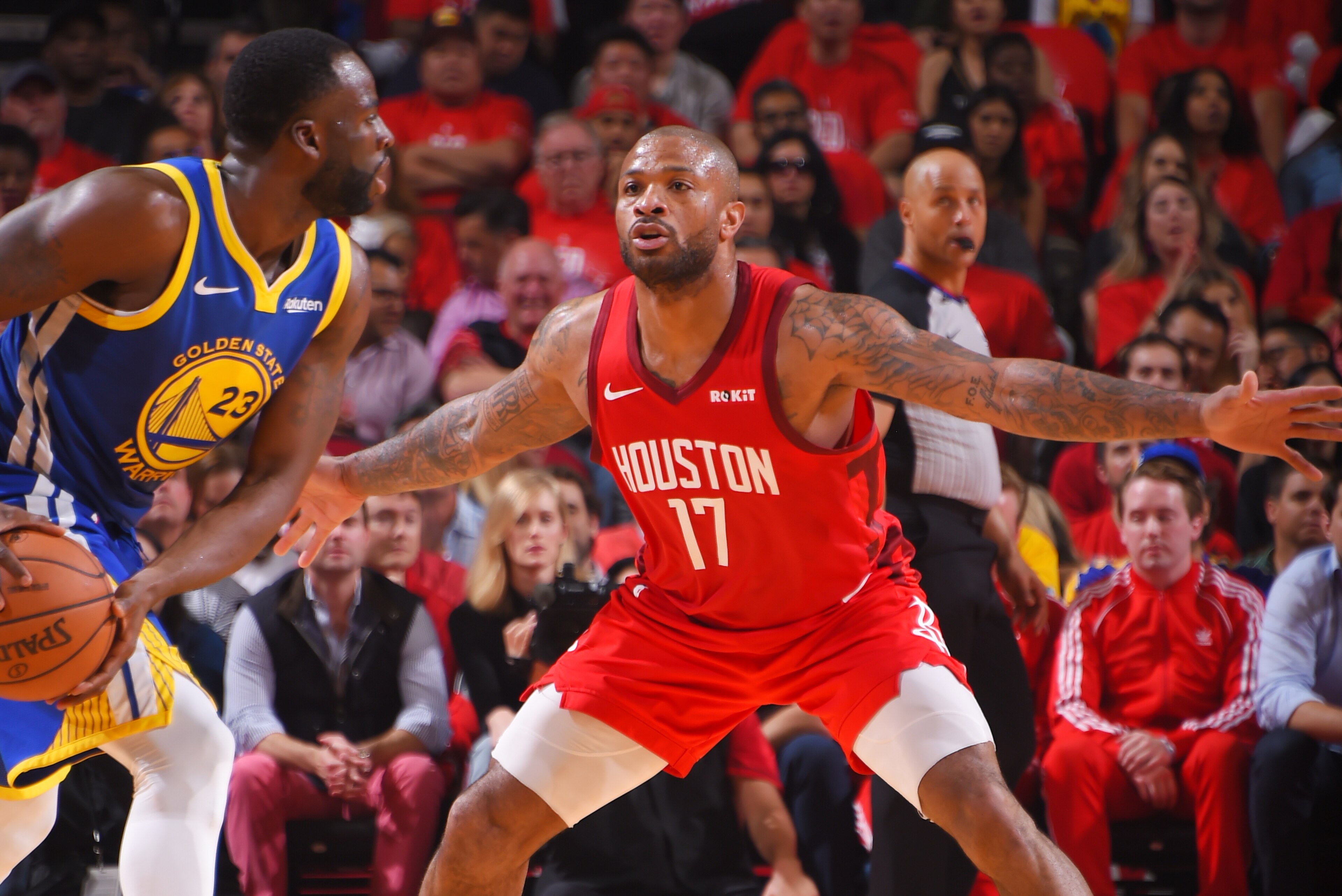 HOUSTON, TX - MAY 10: PJ Tucker #17 of the Houston Rockets plays defense against the Golden State Warriors during Game Six of the Western Conference Semifinals of the 2019 NBA Playoffs on May 10, 2019 at the Toyota Center in Houston, Texas. NOTE TO USER: 