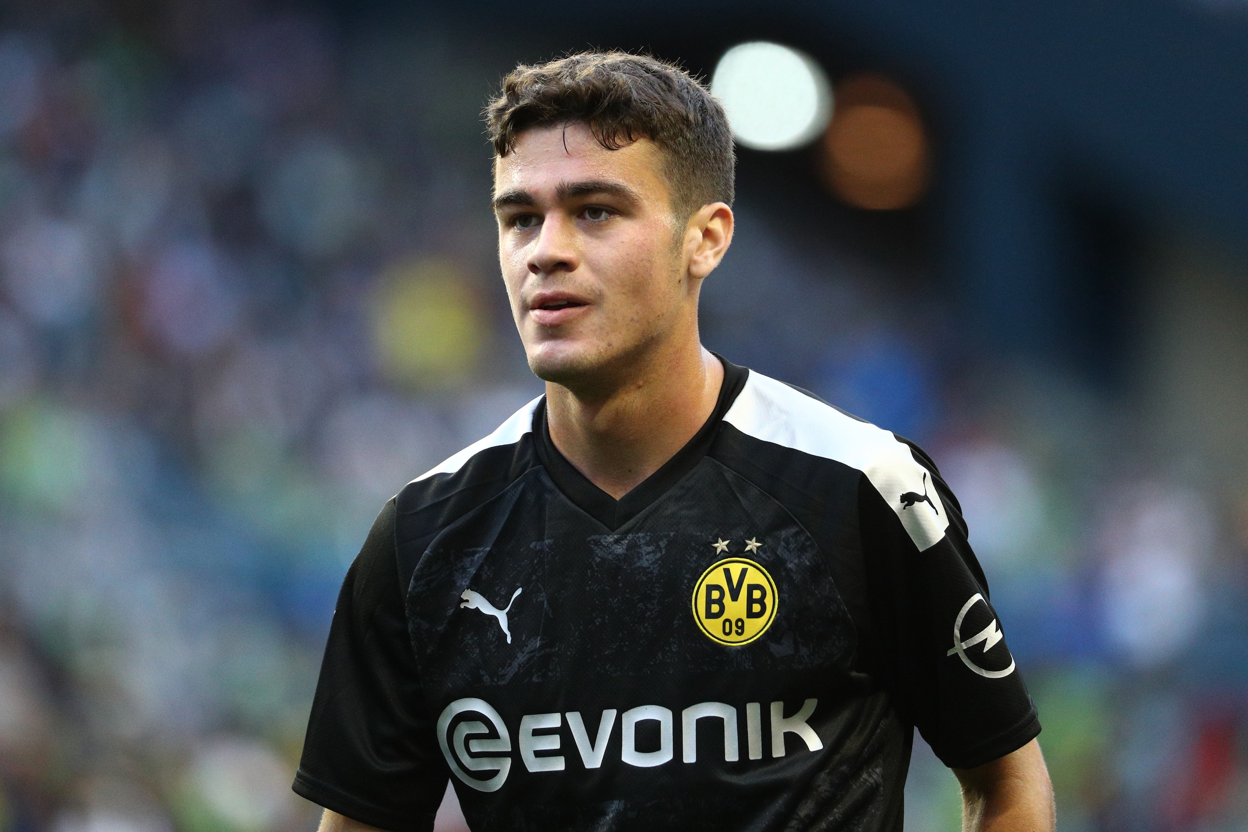 SEATTLE, WASHINGTON - JULY 17:  Gio Reyna #38 of the Borussia Dortmund looks on against the Seattle Sounders during the pre-season friendly match between Borussia Dortmund and Seattle Sounders FC at CenturyLink Field on July 17, 2019 in Seattle, Washingto
