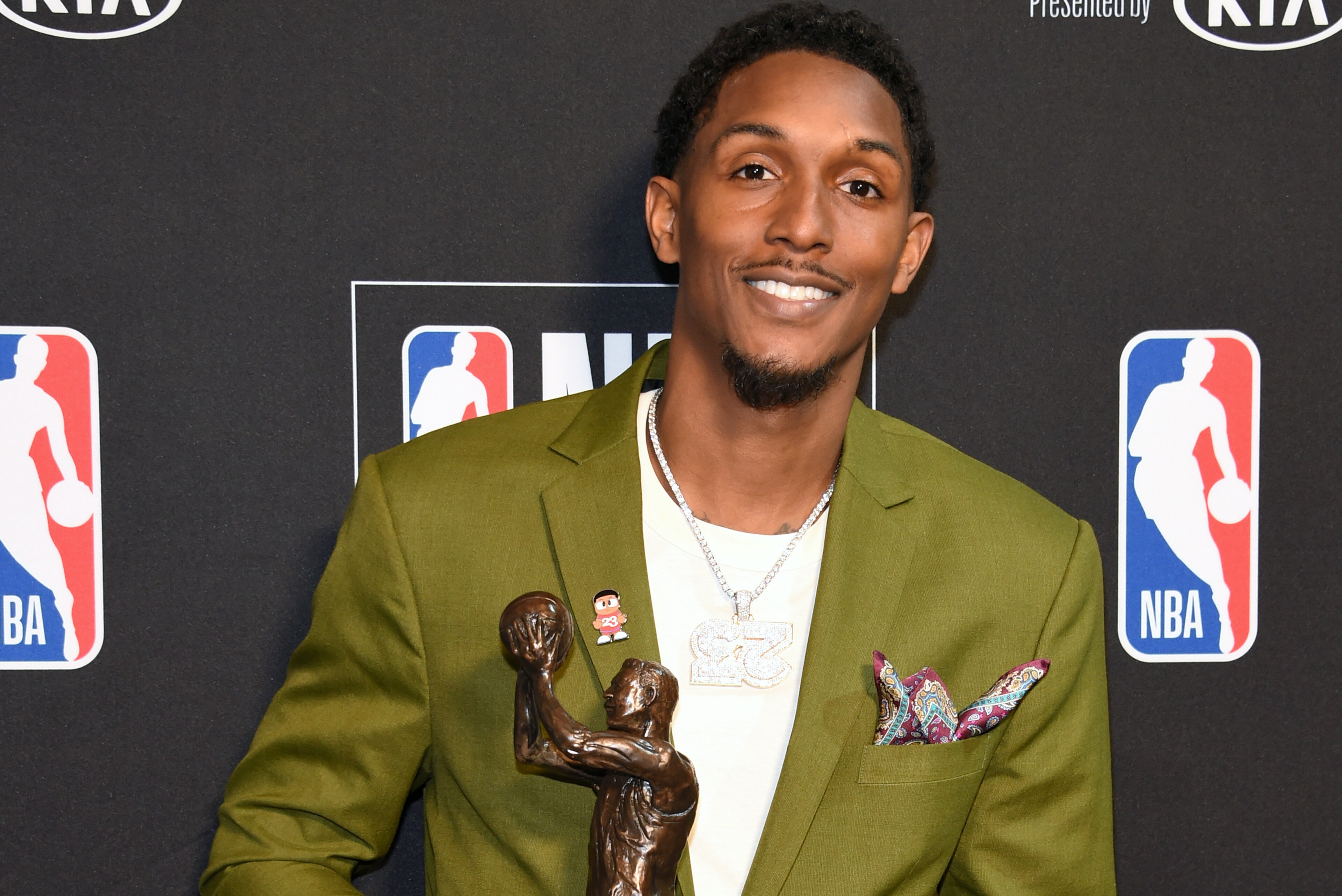 SANTA MONICA, CA - JUNE 24: Lou Williams #23 of the LA Clippers poses for a photo with the Kia Sixth Man of the Year Award during the 2019 NBA Awards Show on June 24, 2019 at Barker Hangar in Santa Monica, California. NOTE TO USER: User expressly acknowle