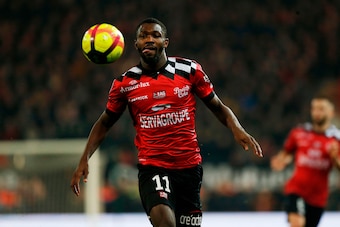 Guingamp's French forward Marcus Thuram runs for the ball during the French L1 football match between Guingamp (EAG) and Angers (SCO) at The Roudourou Stadium in Guingamp, north-western France on February 23, 2019. (Photo by CHARLY TRIBALLEAU / AFP)      