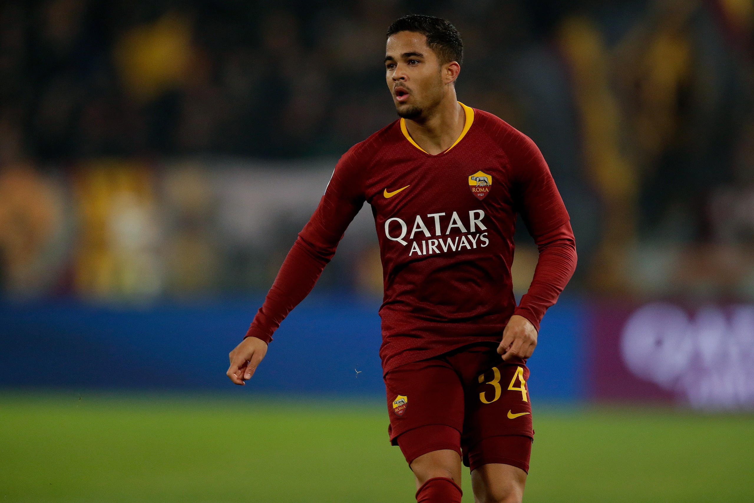 ROME, ITALY - FEBRUARY 18: Justin Kluivert of AS Roma  during the Italian Serie A   match between AS Roma v Bologna at the Stadio Olimpico Rome on February 18, 2019 in Rome Italy (Photo by Peter Lous/Soccrates/Getty Images)