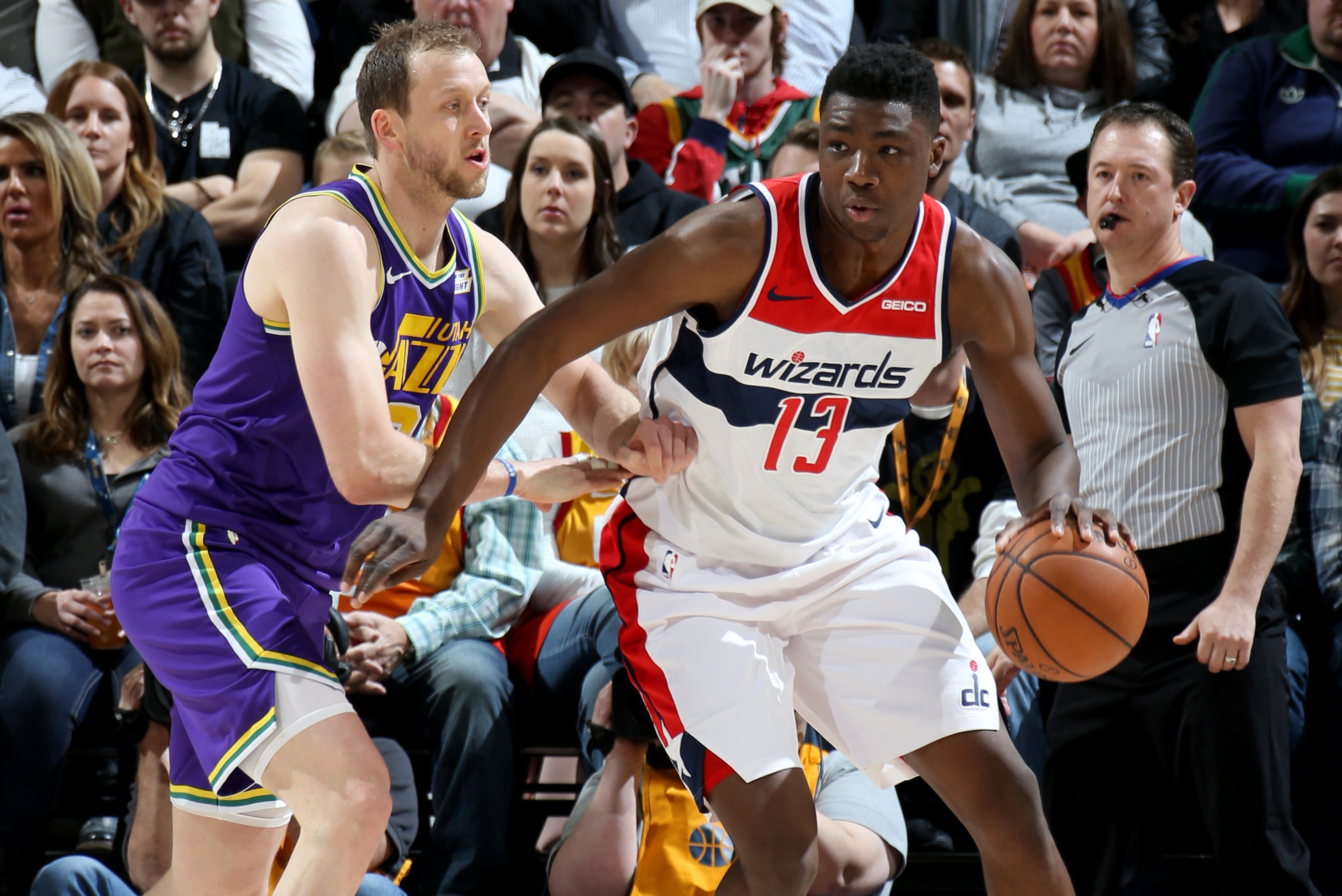 SALT LAKE CITY, UT - MARCH 29: Thomas Bryant #13 of the Washington Wizards handles the ball during the game against the Utah Jazz on March 29, 2019 at vivint.SmartHome Arena in Salt Lake City, Utah. NOTE TO USER: User expressly acknowledges and agrees tha