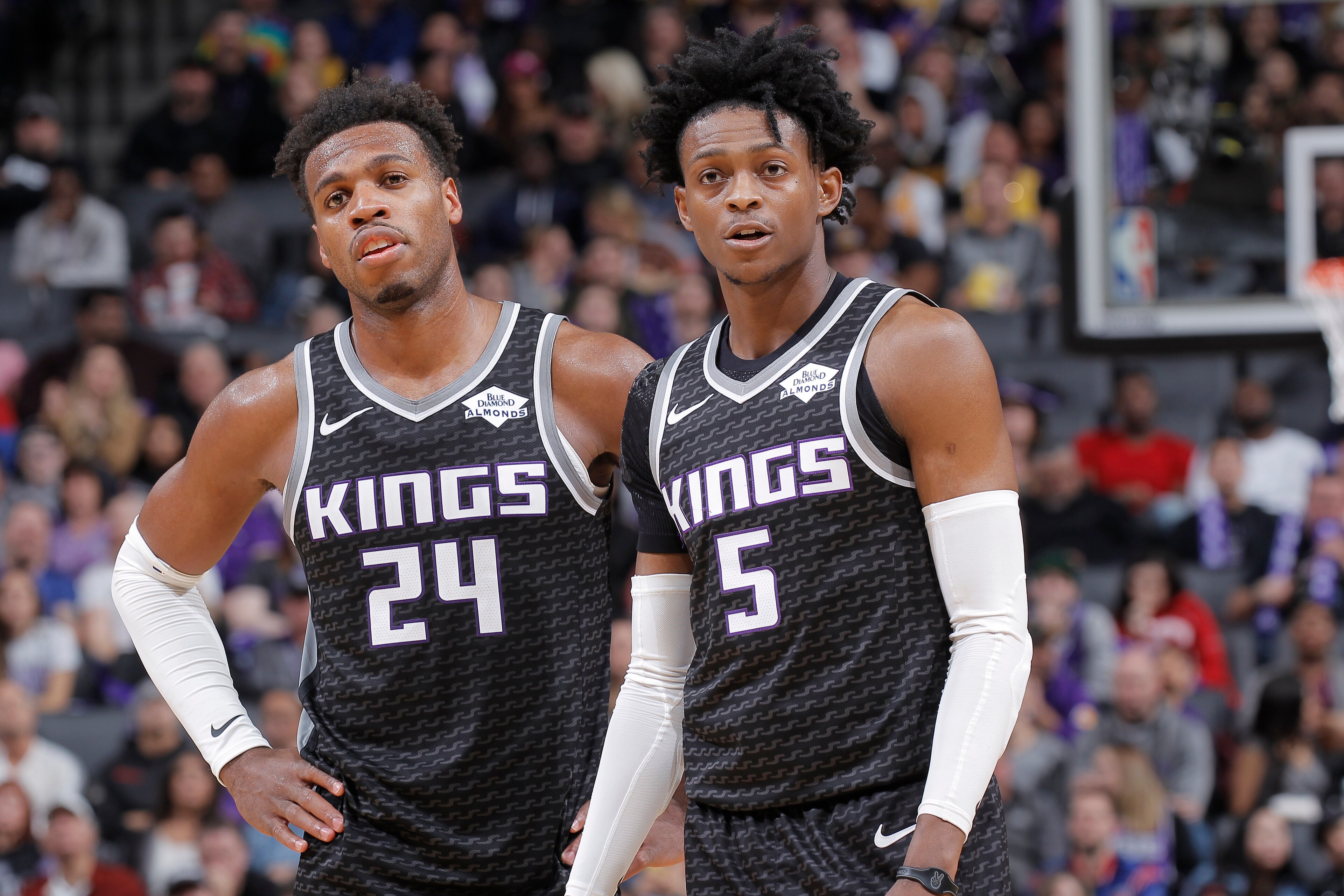 SACRAMENTO, CA - DECEMBER 27: Buddy Hield #24 and De'Aaron Fox #5 of the Sacramento Kings look on during the game against the Los Angeles Lakers on December 27, 2018 at Golden 1 Center in Sacramento, California. NOTE TO USER: User expressly acknowledges a