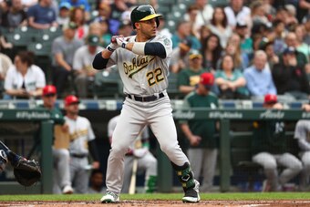 SEATTLE, WASHINGTON - JULY 06: Ramon Laureano #22 of the Oakland Athletics at bat in the first inning against the Seattle Mariners during their game at T-Mobile Park on July 06, 2019 in Seattle, Washington. (Photo by Abbie Parr/Getty Images)