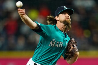 SEATTLE, WA - JULY 19:  Mike Leake #8 of the Seattle Mariners pitches in the eighth inning during the MLB game between Seattle Mariners and Los Angeles Angels at T-Mobile Park on July 19, 2019 in Seattle, Washington.  (Photo by Masterpress/Getty Images)