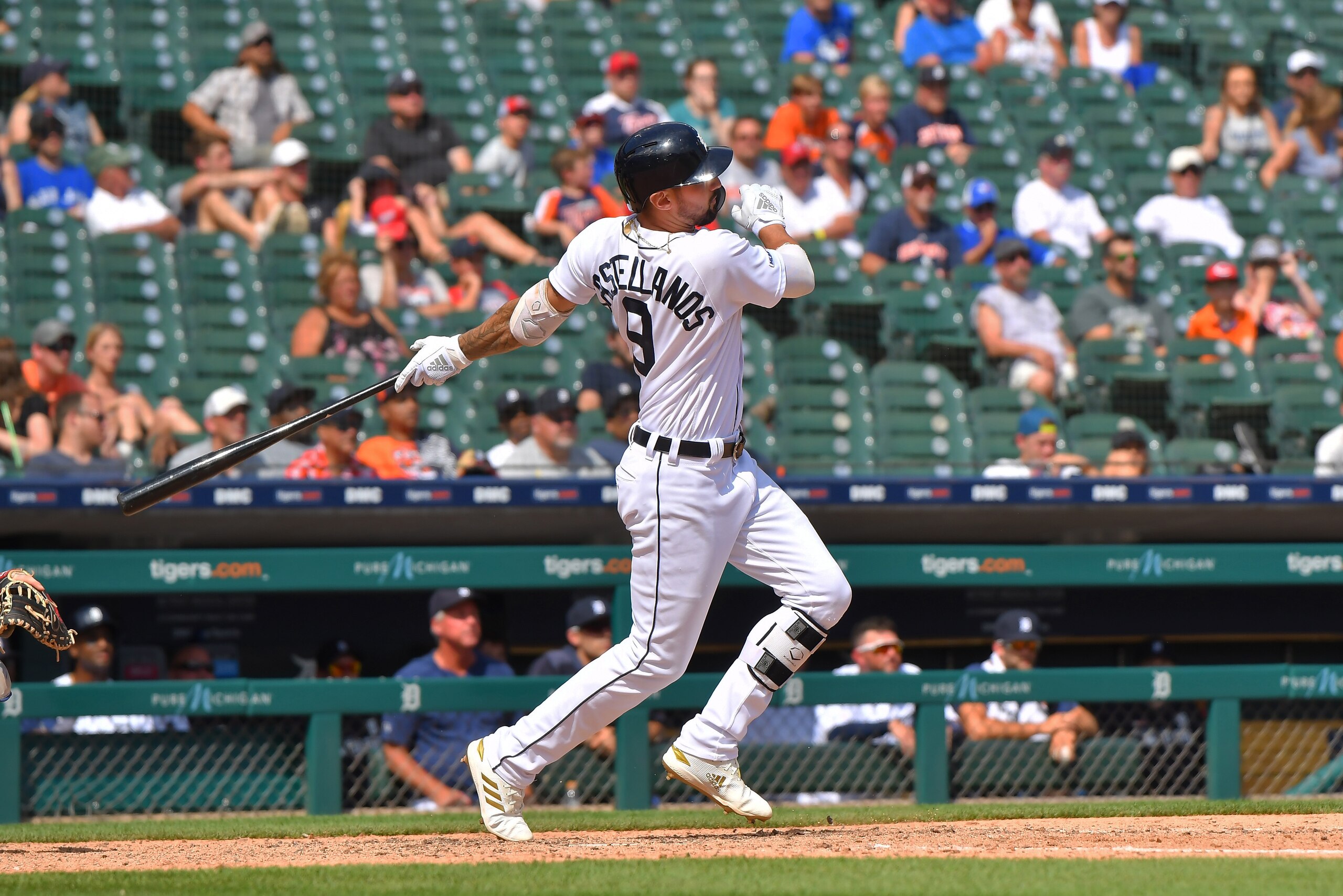 DETROIT, MI - JULY 21: Nicholas Castellanos #9 of the Detroit Tigers hits a walk-off game-winning home run in the bottom of the tenth inning of the game against the Toronto Blue Jays at Comerica Park on July 21, 2019 in Detroit, Michigan. The Tigers defe DETROIT, MI - JULY 21: Nicholas Castellanos #9 of the Detroit Tigers hits a walk-off game-winning home run in the bottom of the tenth inning of the game against the Toronto Blue Jays at Comerica Park on July 21, 2019 in Detroit, Michigan. The Tigers defe