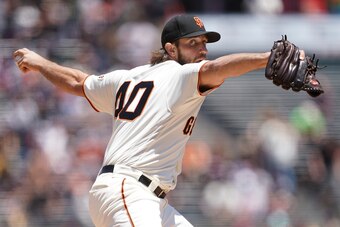 SAN FRANCISCO, CA - JUNE 30:  Madison Bumgarner #40 of the San Francisco Giants pitches against the Arizona Diamondbacks in the top of the first inning of a Major League Baseball game at Oracle Park on June 30, 2019 in San Francisco, California.  (Photo b