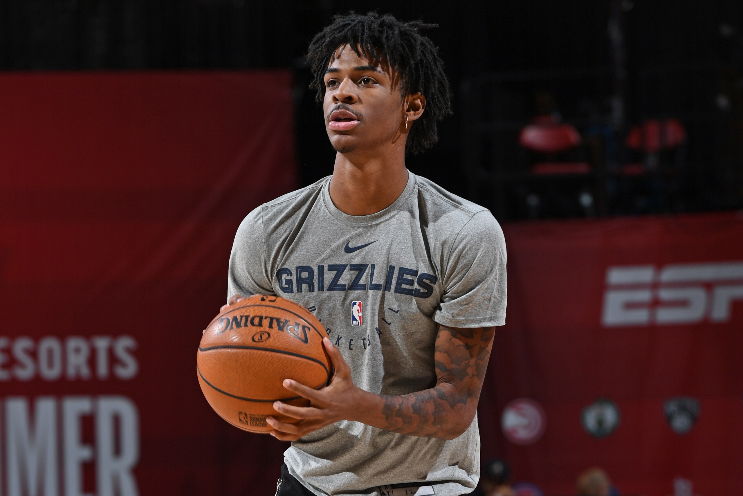 LAS VEGAS, NV - JULY 15: Ja Morant of the Memphis Grizzlies warms up before the Finals of the Las Vegas Summer League against the Minnesota Timberwolves on July 15, 2019 at the Thomas & Mack Center in Las Vegas, Nevada. NOTE TO USER: User expressly acknow