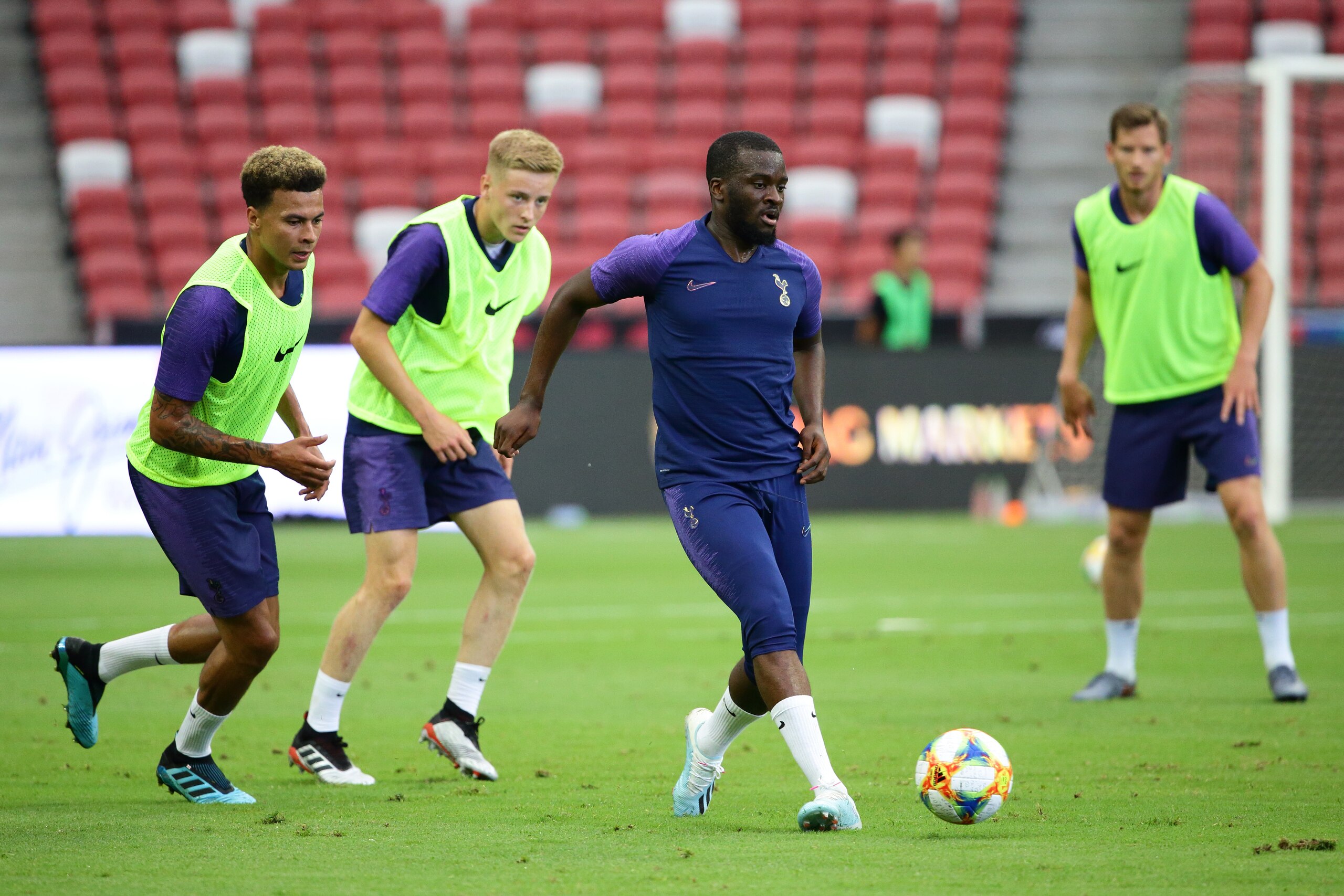 SINGAPORE - JULY 19:  Tanguy Ndombele in action during the Tottenham Hotspur official training/press conference at the Singapore National Stadium on July 19, 2019 in Singapore.  (Photo by Suhaimi Abdullah/International Champions Cup/Getty Images)