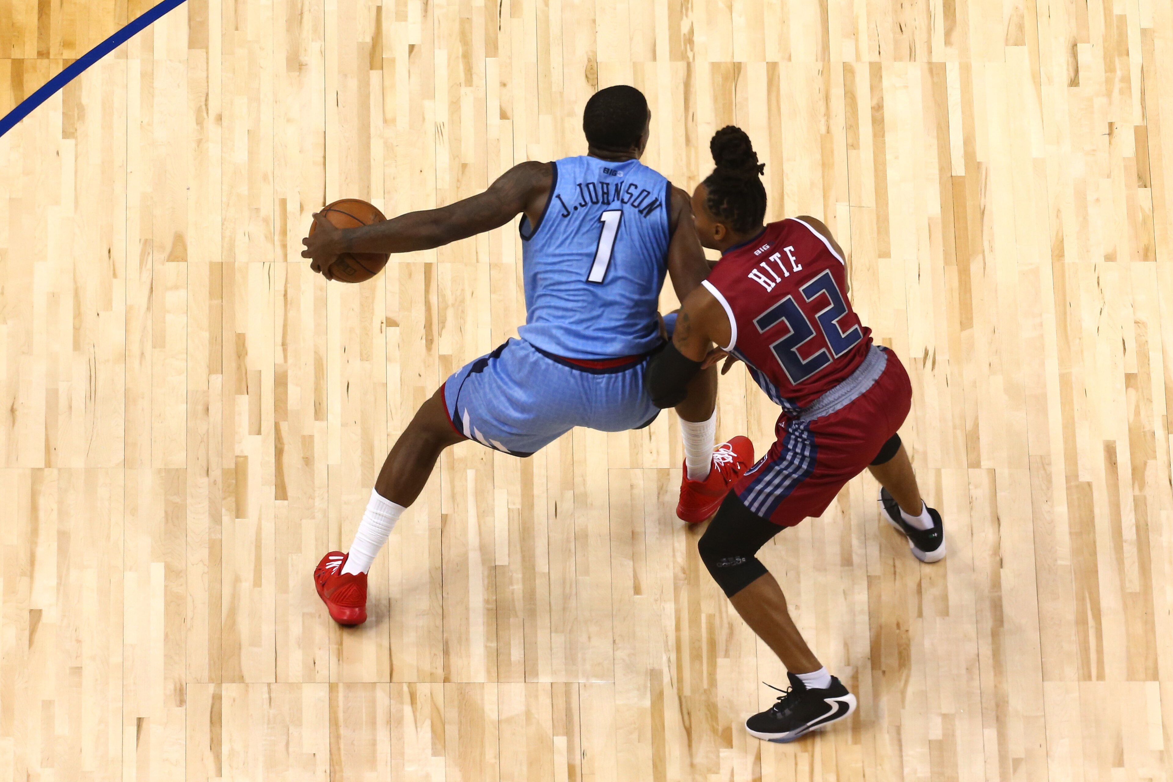 NEW YORK, NEW YORK - JULY 14: Joe Johnson #1 of Triplets handles the ball against Robert Hite #22 of Tri State during week four of the BIG3 three-on-three basketball league at Barclays Center on July 14, 2019 in the Brooklyn borough of New York City. (Pho