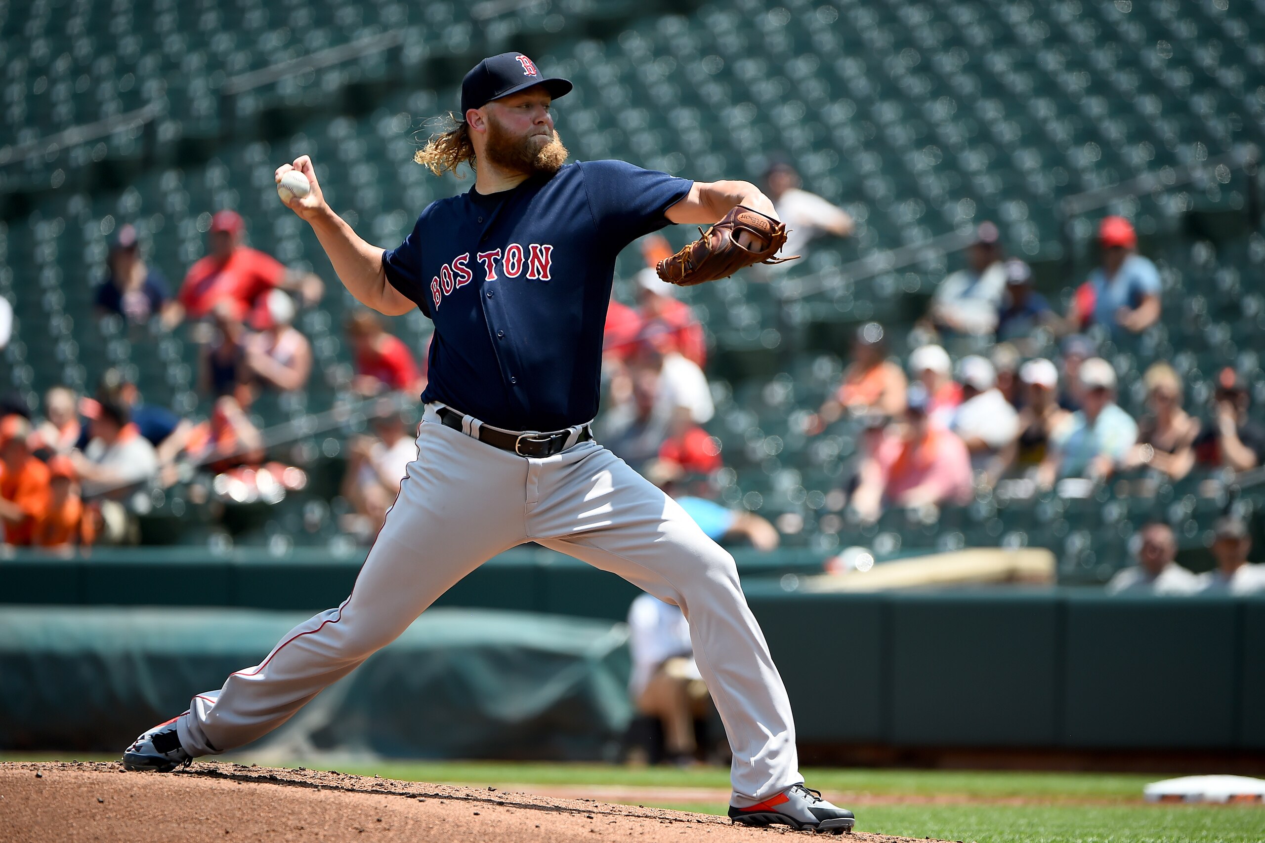 BALTIMORE, MD - JULY 21: Andrew Cashner #48 of the Boston Red Sox pitches during the first inning against the Baltimore Orioles at Oriole Park at Camden Yards on July 21, 2019 in Baltimore, Maryland. (Photo by Will Newton/Getty Images)