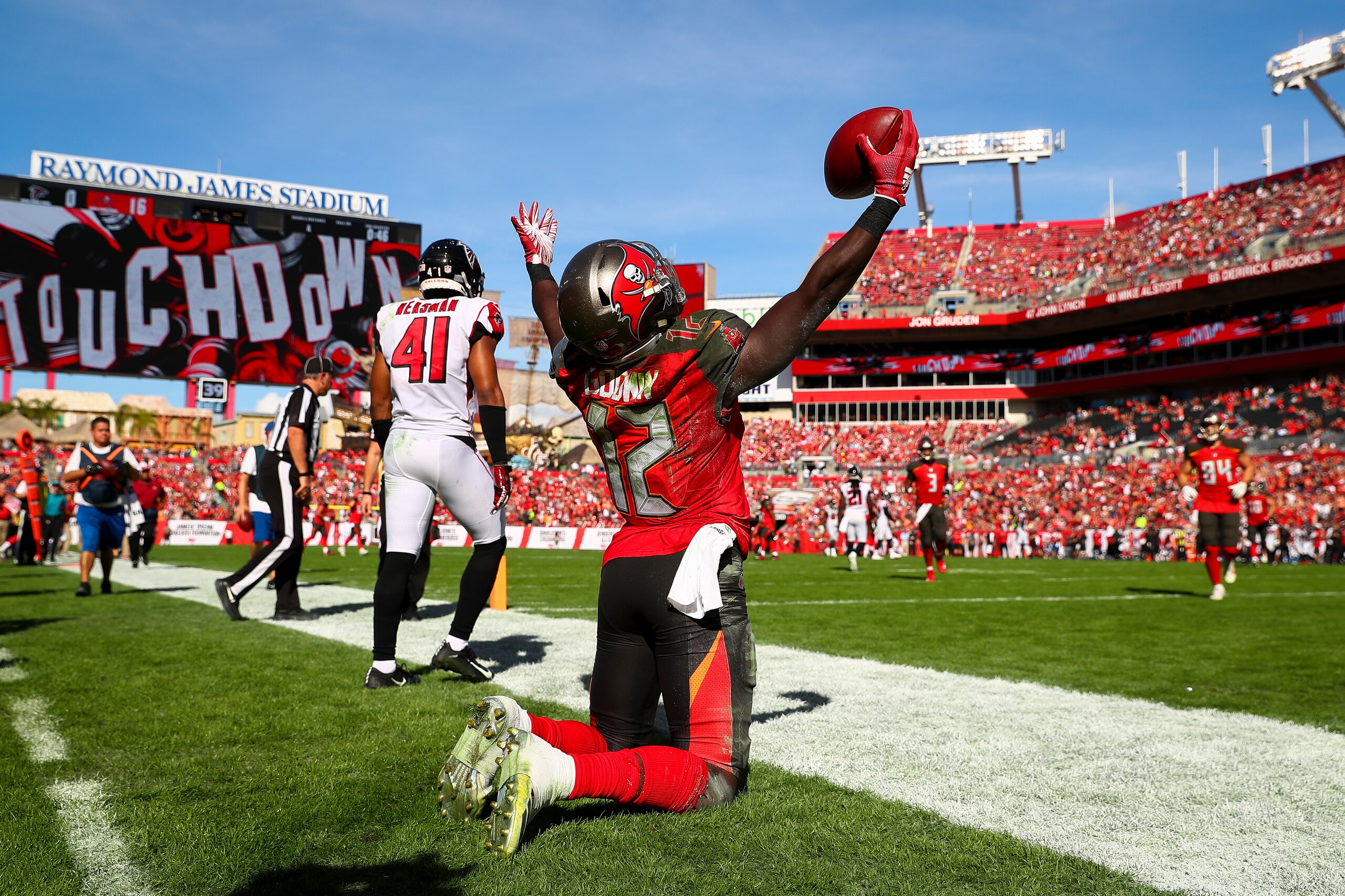 TAMPA, FL - DECEMBER 30: Wide receiver Chris Godwin #12 of the Tampa Bay Buccaneers celebrates his touchdown in the second quarter of the game against the Atlanta Falcons at Raymond James Stadium on December 30, 2018 in Tampa, Florida. (Photo by Will Vrag